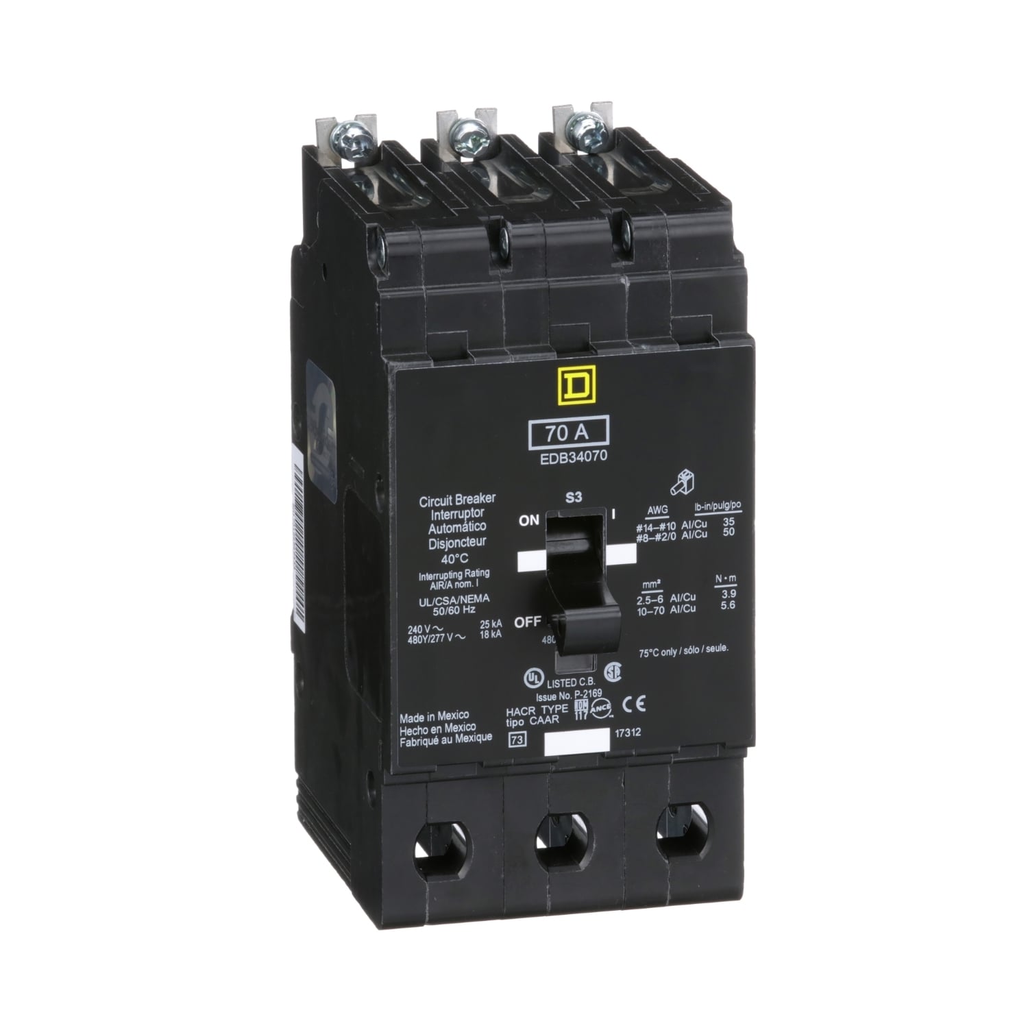 Mini circuit breaker, E-Frame, 70A, 3 pole, 480Y/277VAC, 25kA max, bolt on [TAA]