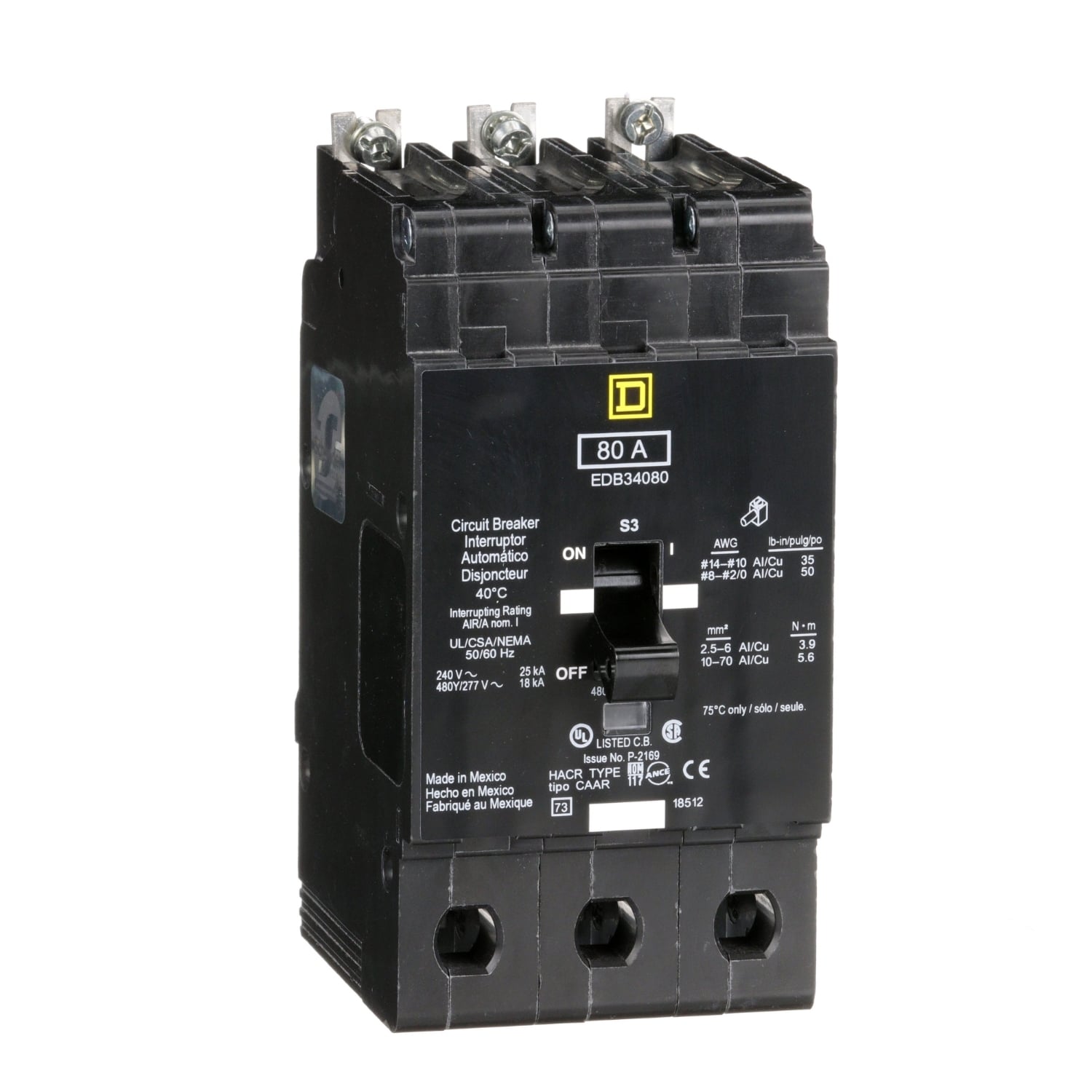 Mini circuit breaker, E-Frame, 80A, 3 pole, 480Y/277VAC, 25kA max, bolt on [TAA]
