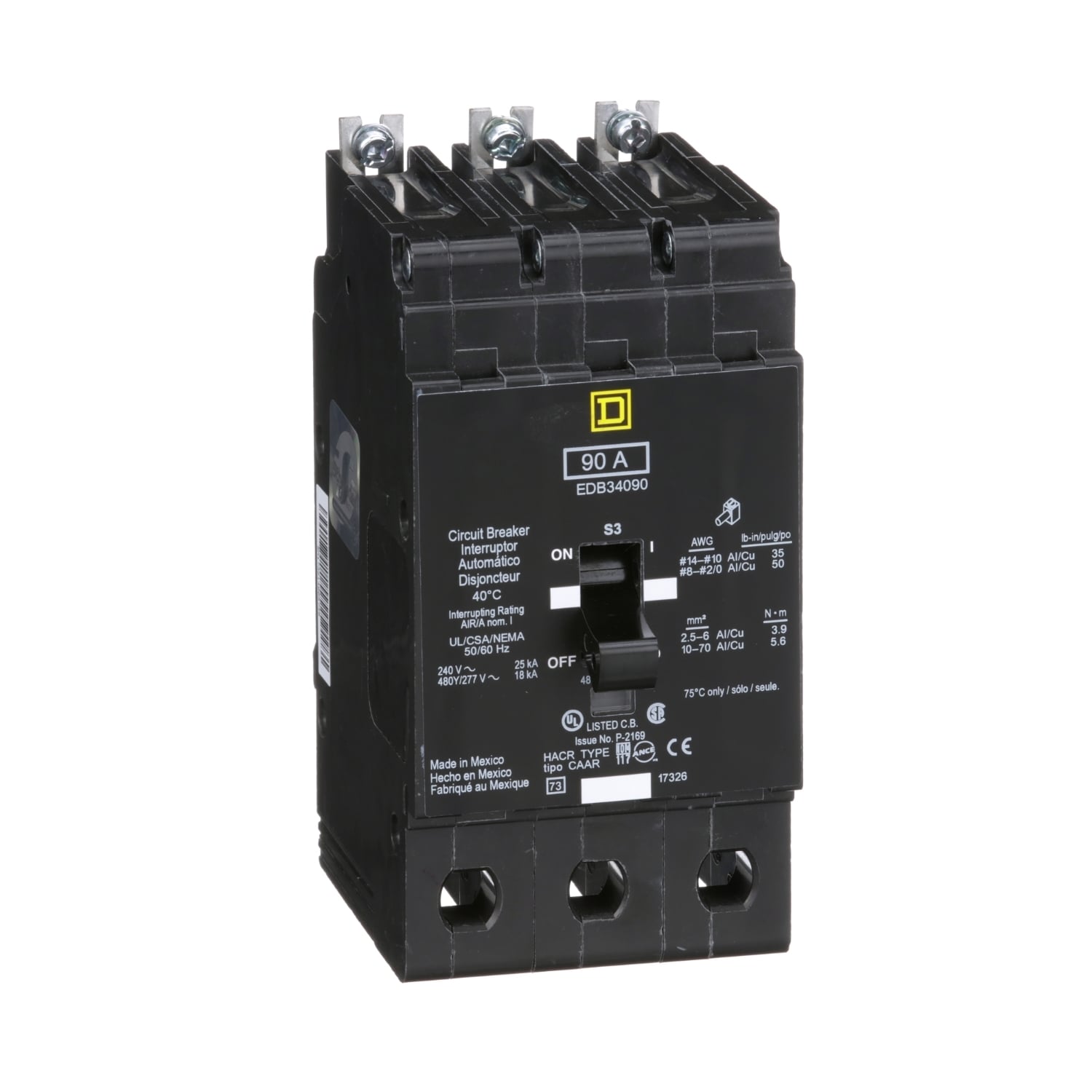 Mini circuit breaker, E-Frame, 90A, 3 pole, 480Y/277VAC, 25kA max, bolt on [TAA]