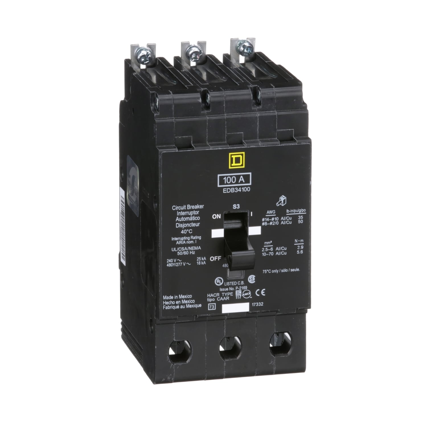 Mini circuit breaker, E-Frame, 100A, 3 pole, 480Y/277VAC, 25kA max, bolt on [TAA]