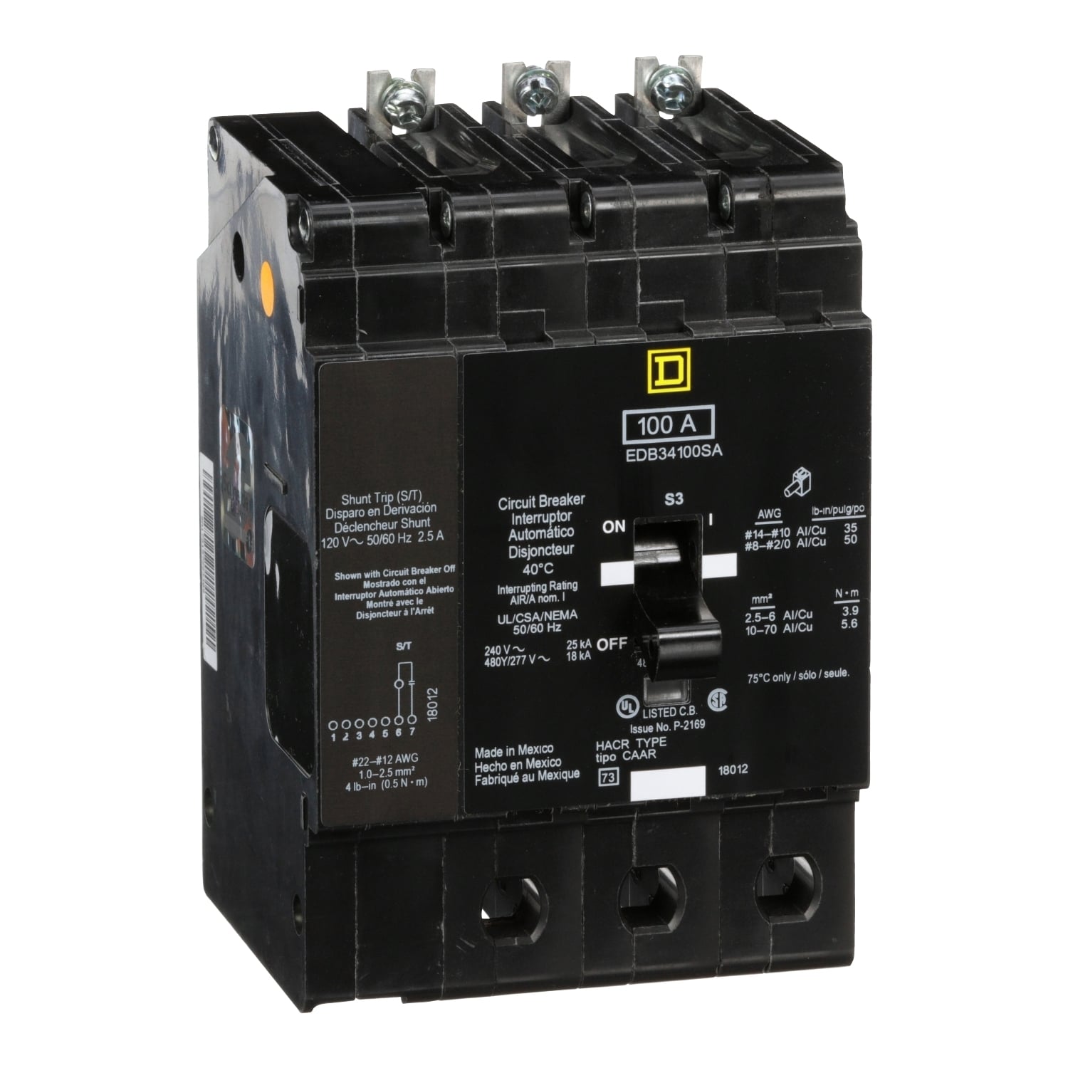 Mini circuit breaker, E-Frame, 100A, 3 pole, 480Y/277VAC, 25kA max, bolt on, shunt trip [TAA]