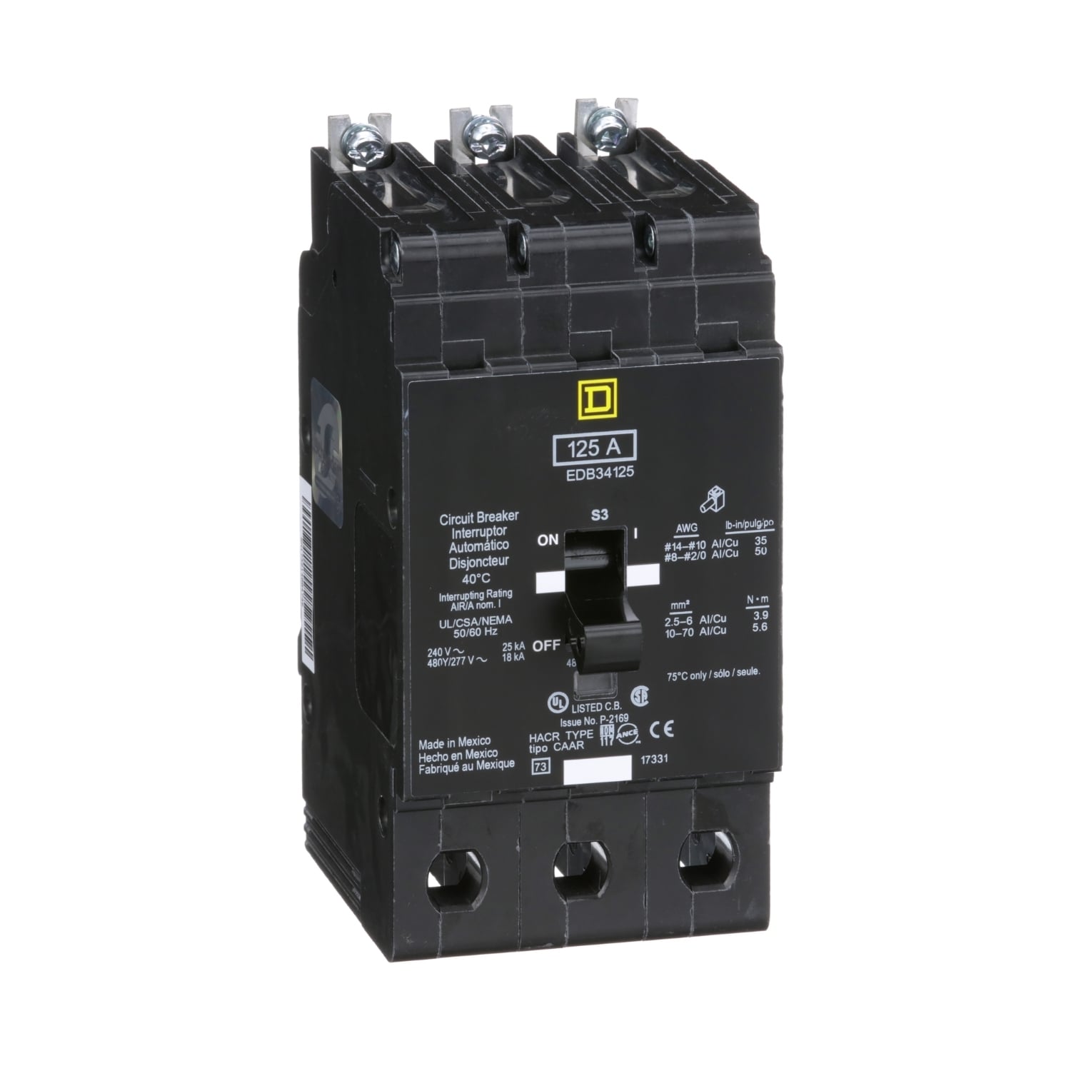 Mini circuit breaker, E-Frame, 125A, 3 pole, 480Y/277VAC, 25kA max, bolt on [TAA]