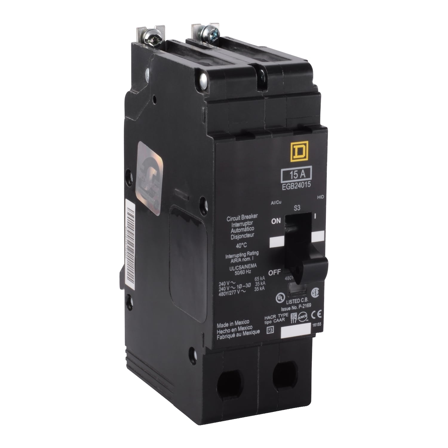 Mini circuit breaker, E-Frame, 15A, 2 pole, 480Y/277VAC, 65kA max, bolt on [TAA]