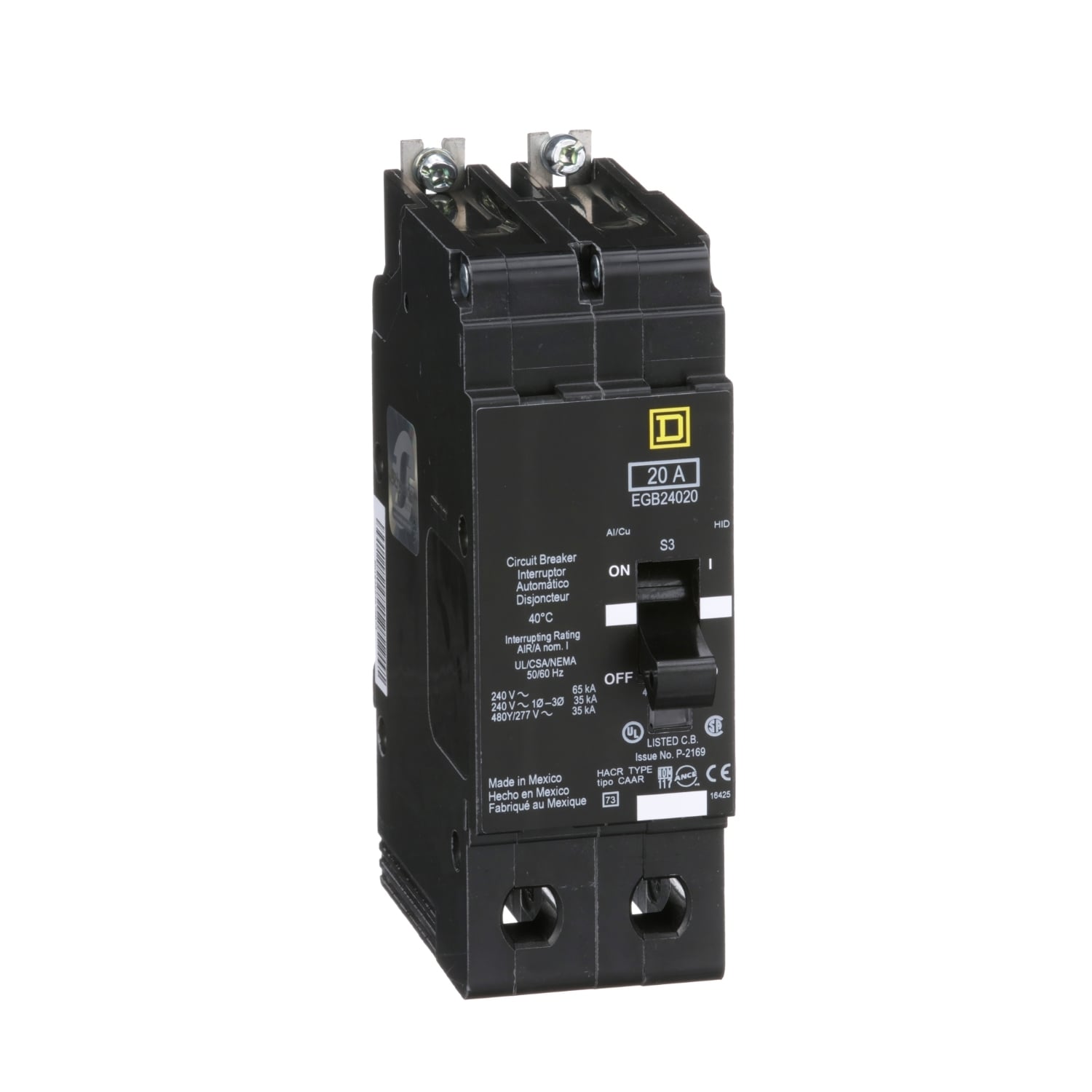Mini circuit breaker, E-Frame, 20A, 2 pole, 480Y/277VAC, 65kA max, bolt on [TAA]