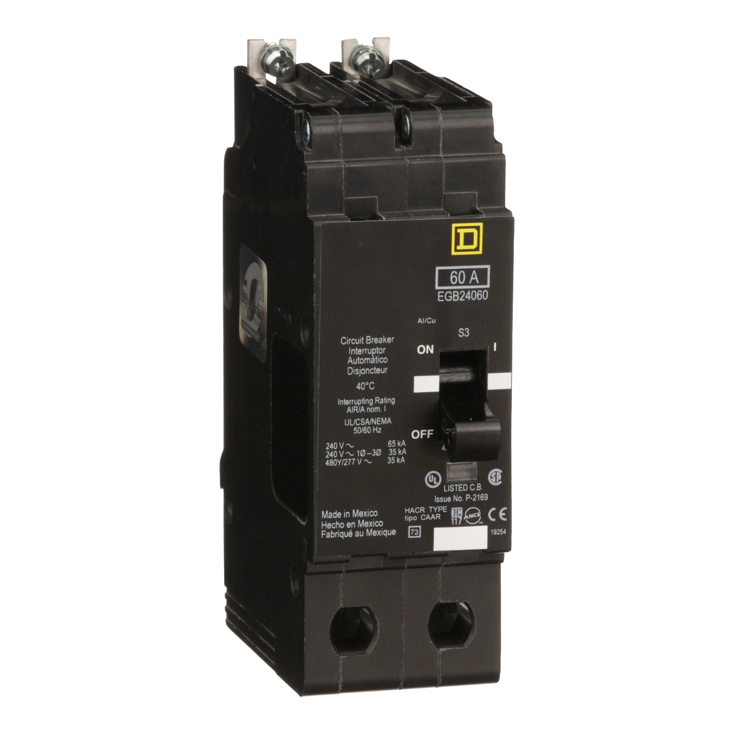 Mini circuit breaker, E-Frame, 60A, 2 pole, 480Y/277VAC, 65kA max, bolt on [TAA]