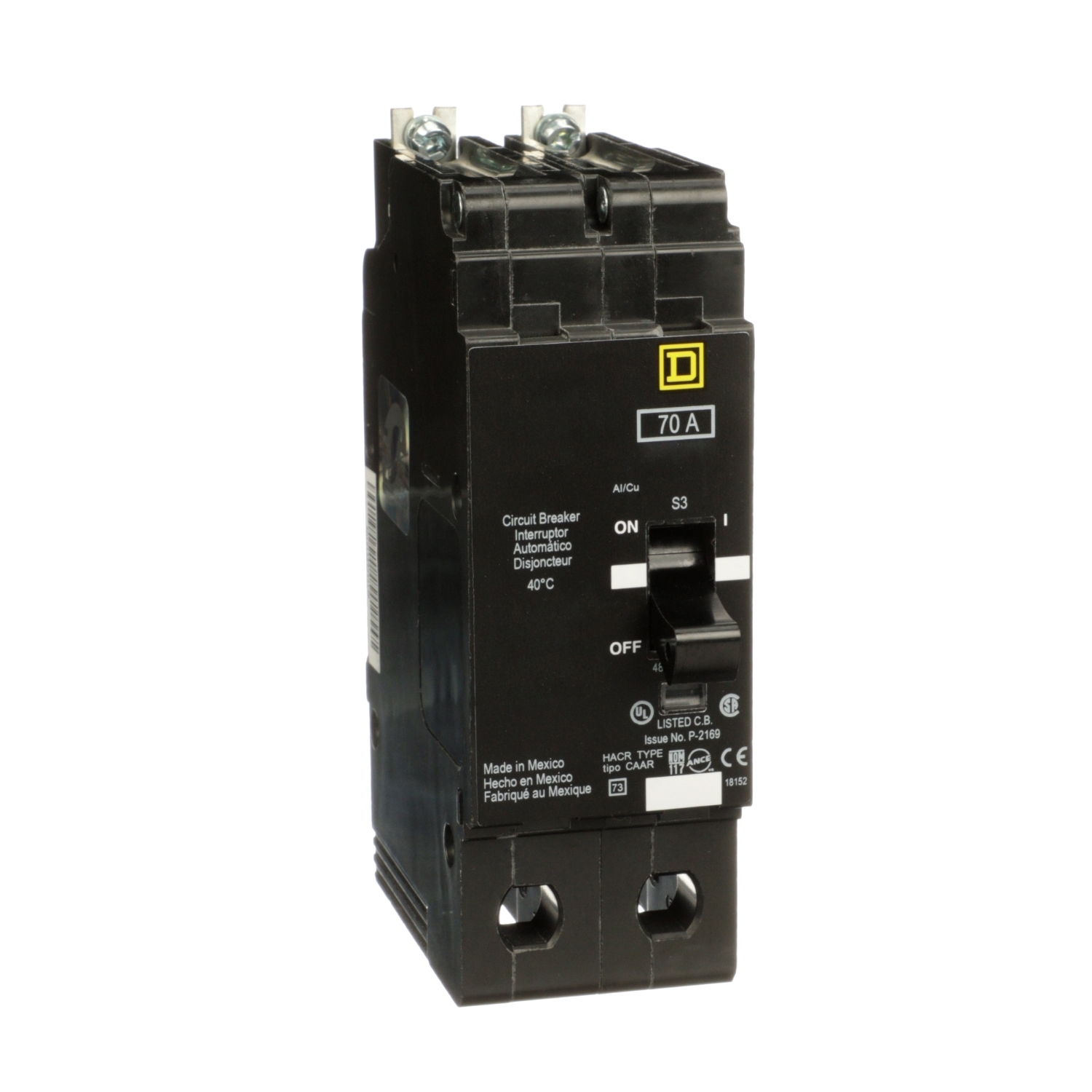Mini circuit breaker, E-Frame, 70A, 2 pole, 480Y/277VAC, 65kA max, bolt on [TAA]