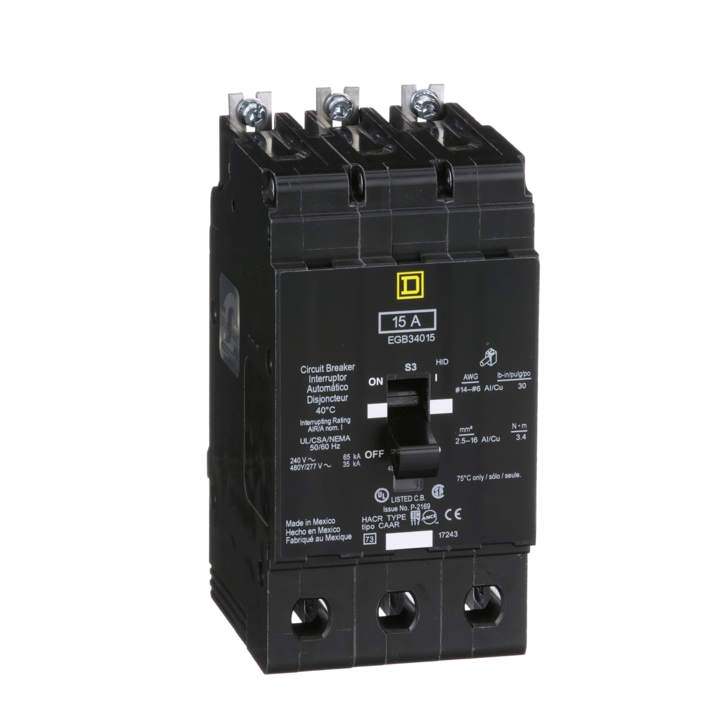 Mini circuit breaker, E-Frame, 15A, 3 pole, 480Y/277VAC, 65kA max, bolt on [TAA]