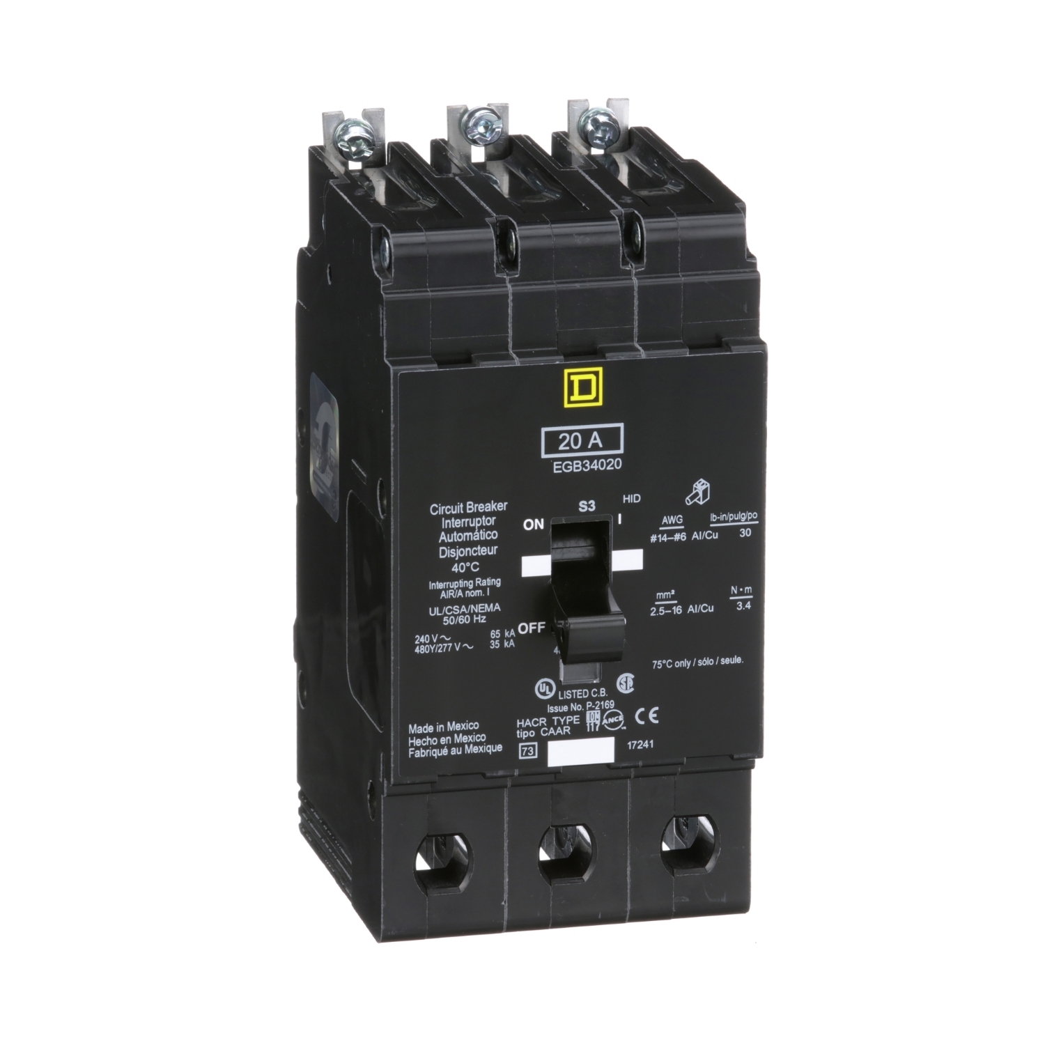 Mini circuit breaker, E-Frame, 20A, 3 pole, 480Y/277VAC, 65kA max, bolt on [TAA]