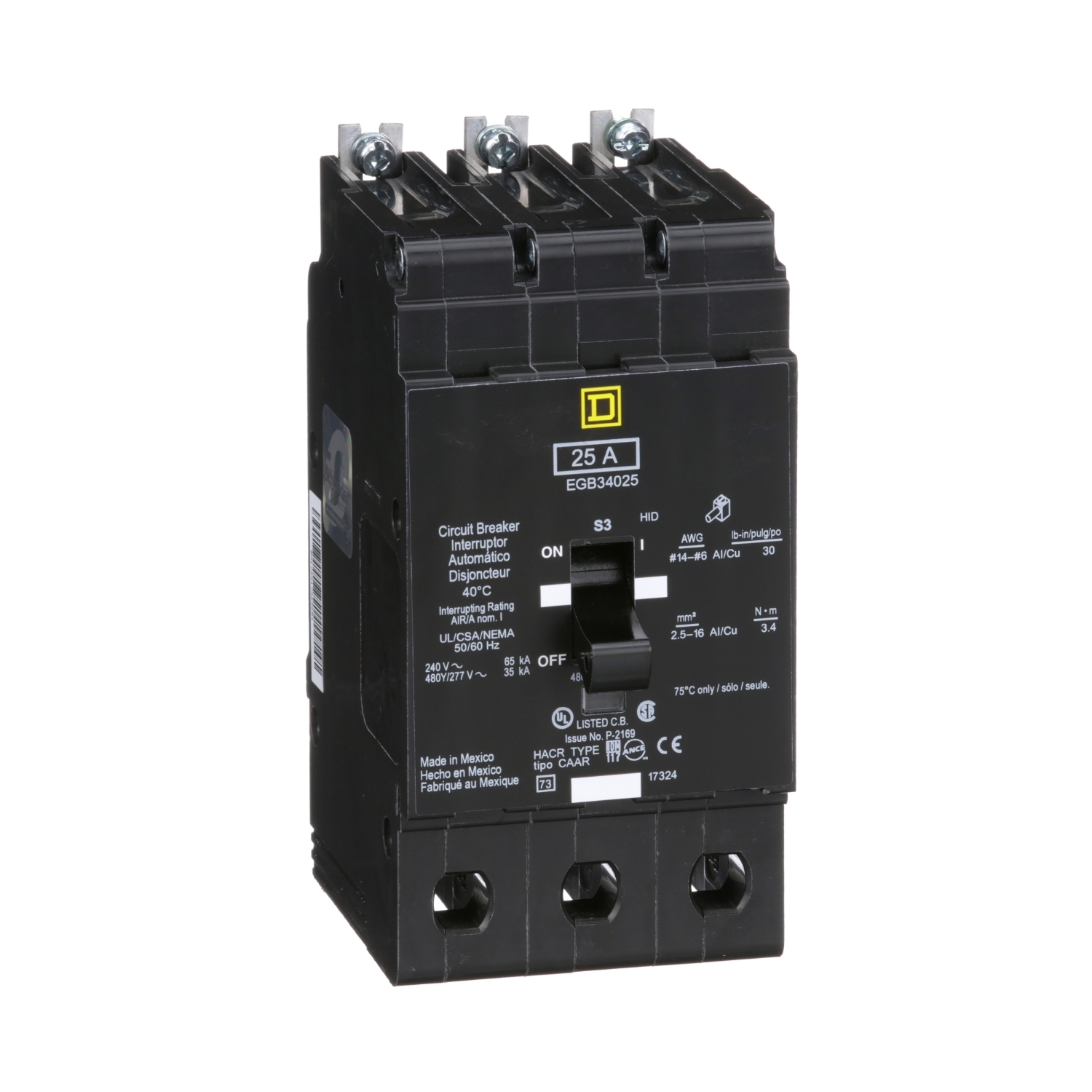 Mini circuit breaker, E-Frame, 25A, 3 pole, 480Y/277VAC, 65kA max, bolt on [TAA]