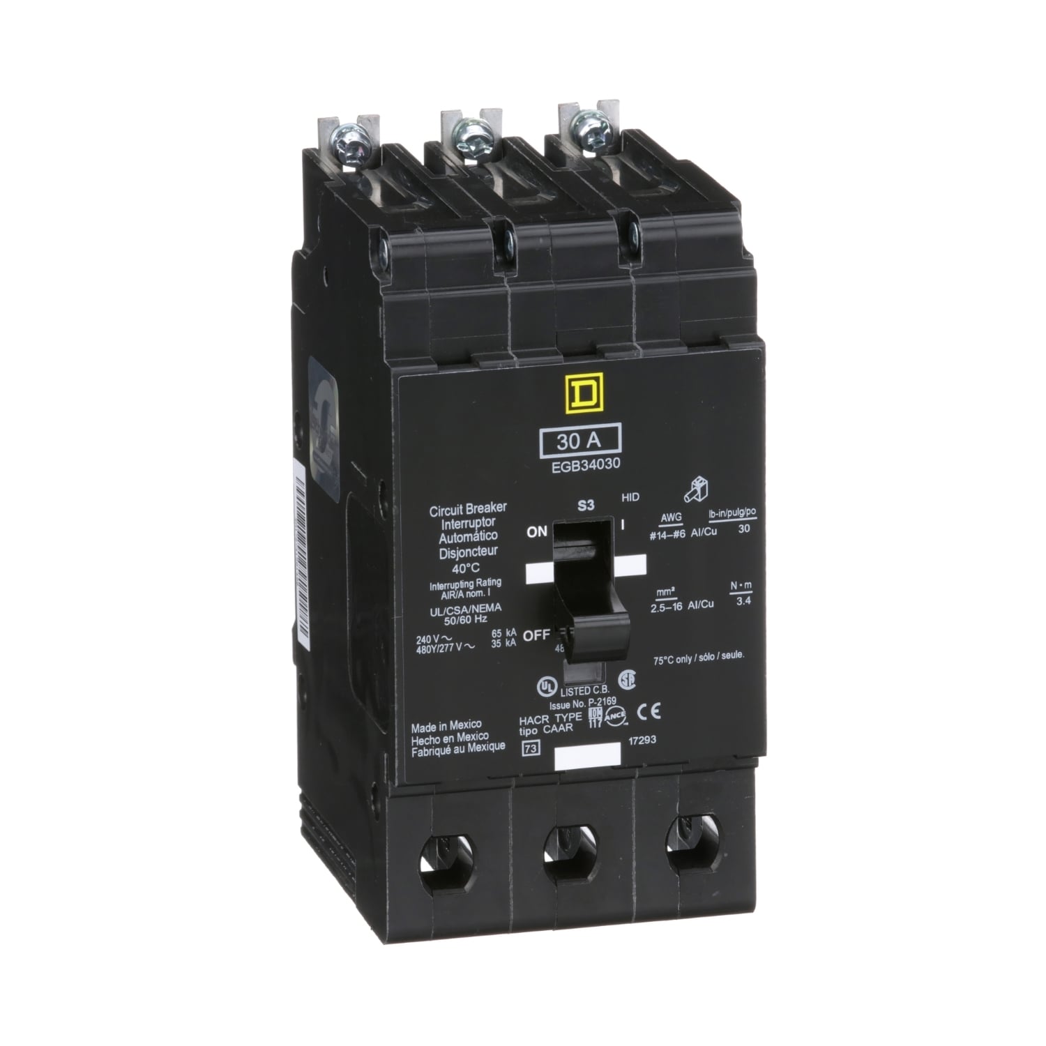 Mini circuit breaker, E-Frame, 30A, 3 pole, 480Y/277VAC, 65kA max, bolt on [TAA]