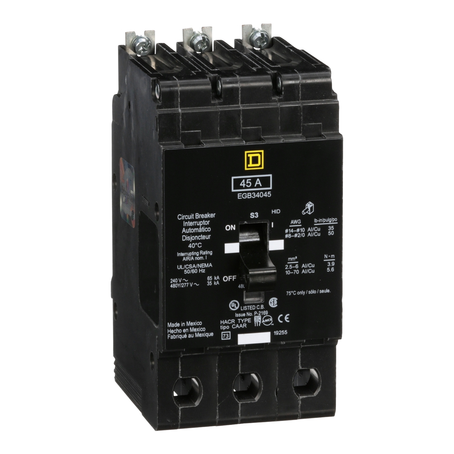 Mini circuit breaker, E-Frame, 45A, 3 pole, 480Y/277VAC, 65kA max, bolt on [TAA]
