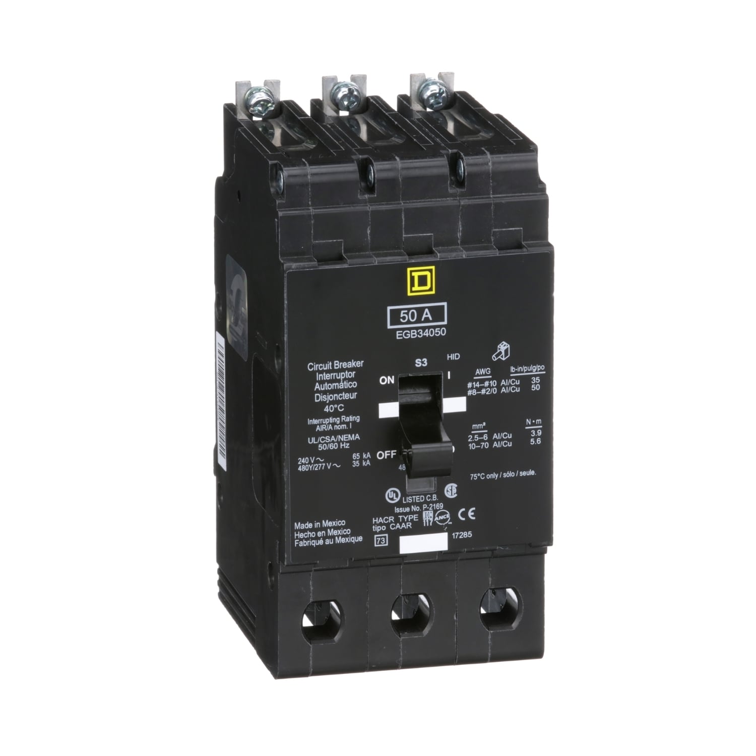 Mini circuit breaker, E-Frame, 50A, 3 pole, 480Y/277VAC, 65kA max, bolt on [TAA]