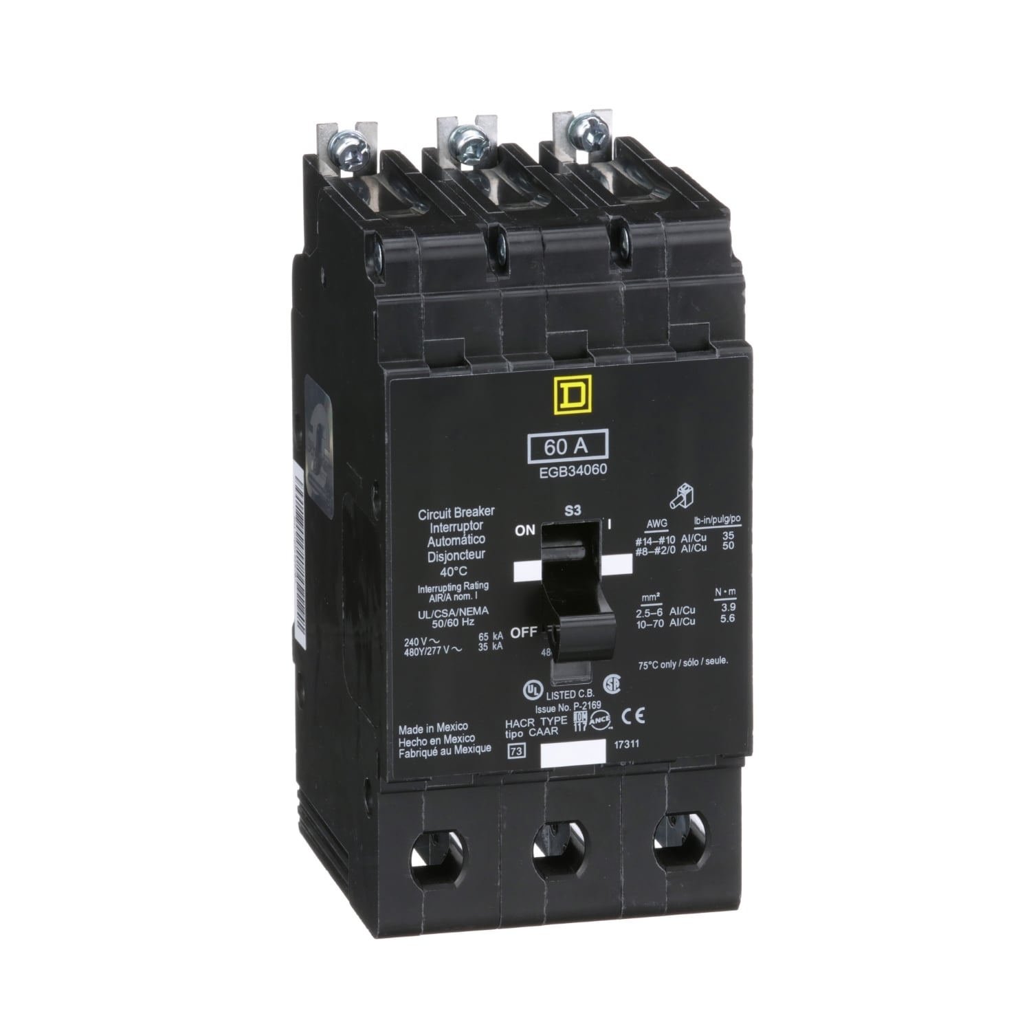 Mini circuit breaker, E-Frame, 60A, 3 pole, 480Y/277VAC, 65kA max, bolt on [TAA]