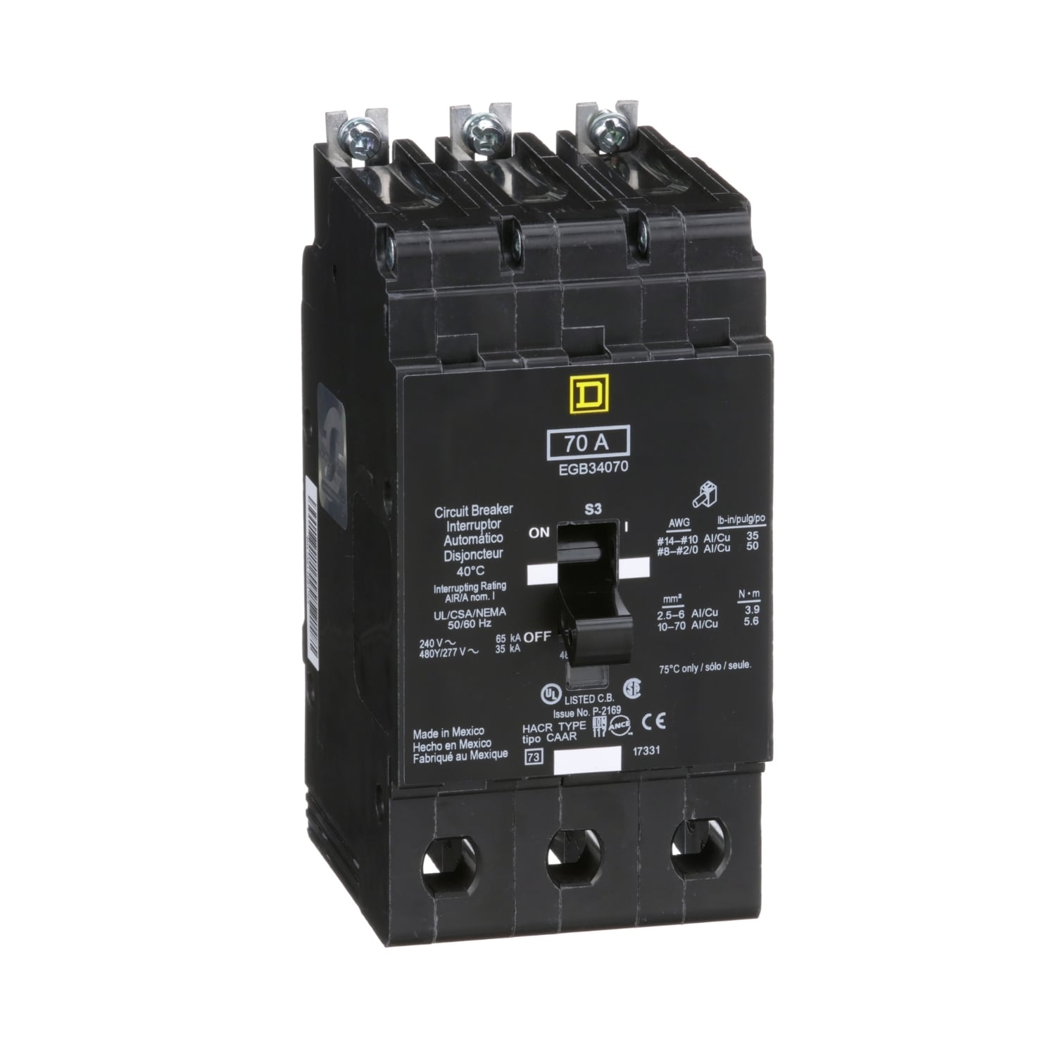 Mini circuit breaker, E-Frame, 70A, 3 pole, 480Y/277VAC, 65kA max, bolt on [TAA]