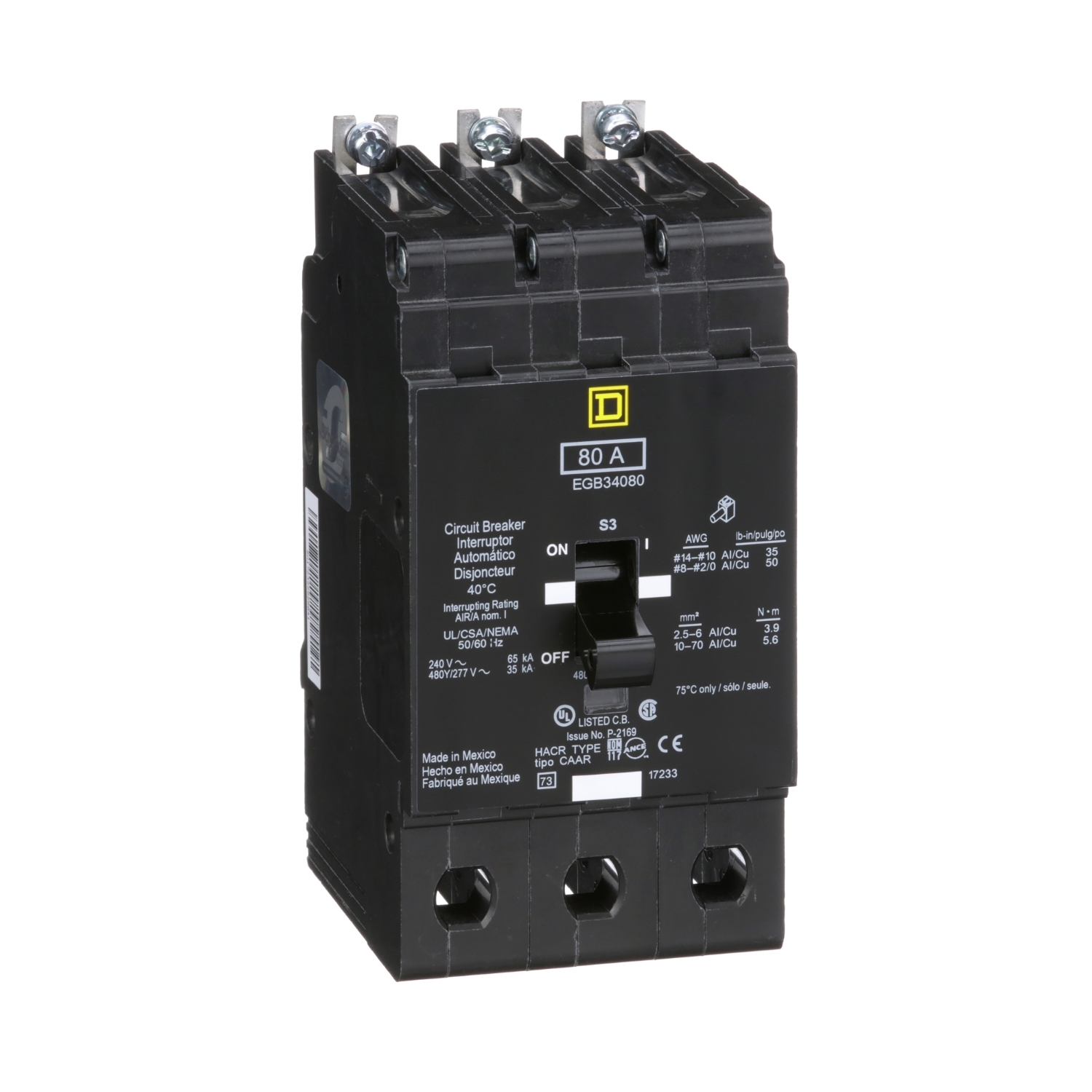 Mini circuit breaker, E-Frame, 80A, 3 pole, 480Y/277VAC, 65kA max, bolt on [TAA]