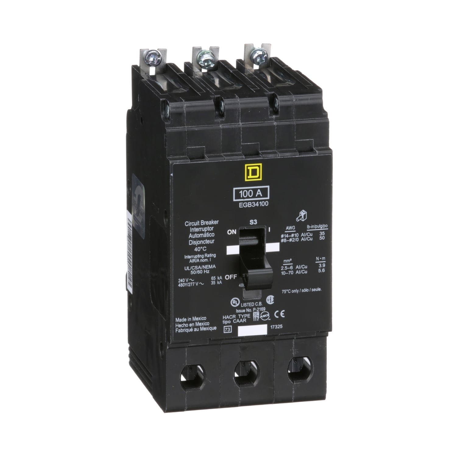 Mini circuit breaker, E-Frame, 100A, 3 pole, 480Y/277VAC, 65kA max, bolt on [TAA]