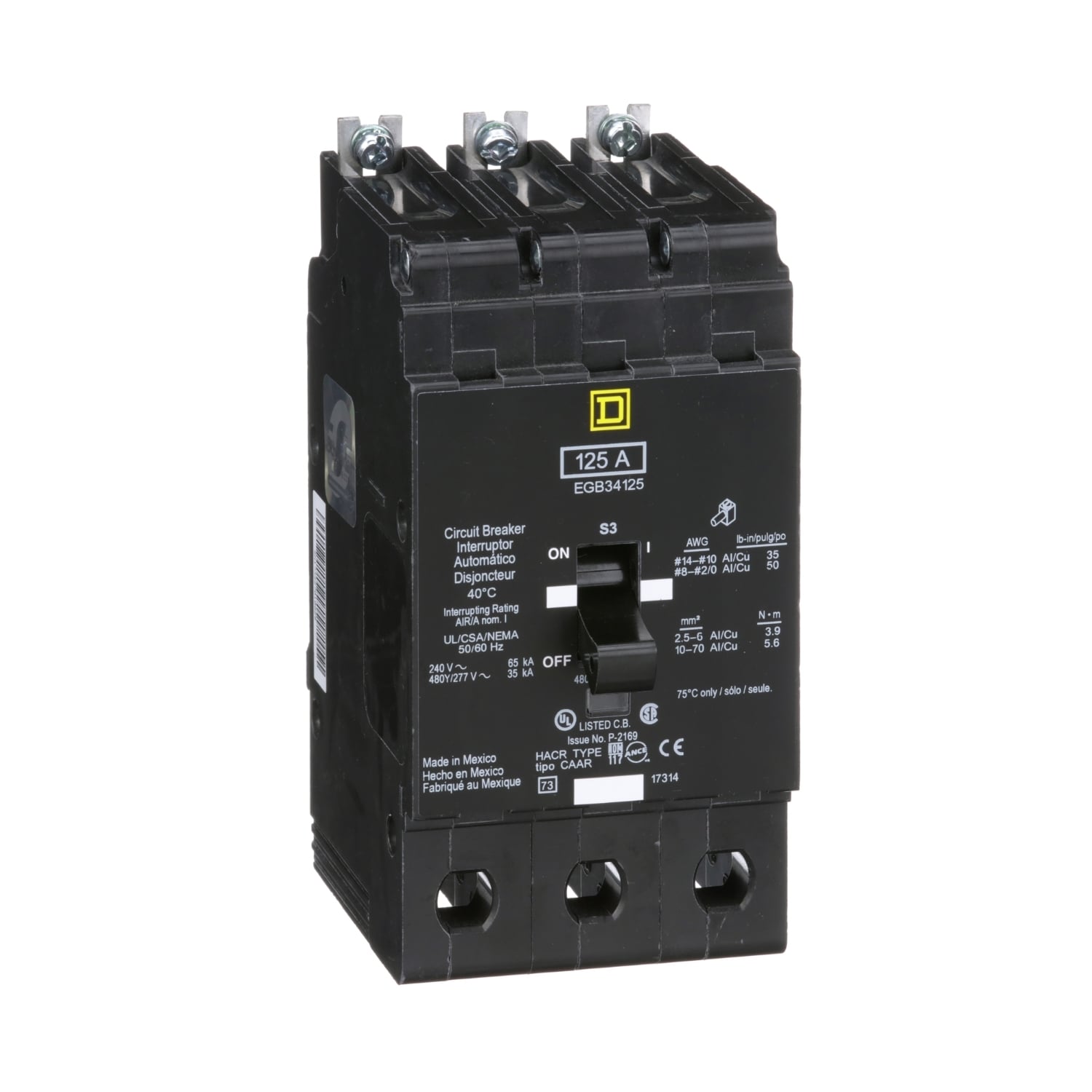 Mini circuit breaker, E-Frame, 125A, 3 pole, 480Y/277VAC, 65kA max, bolt on [TAA]