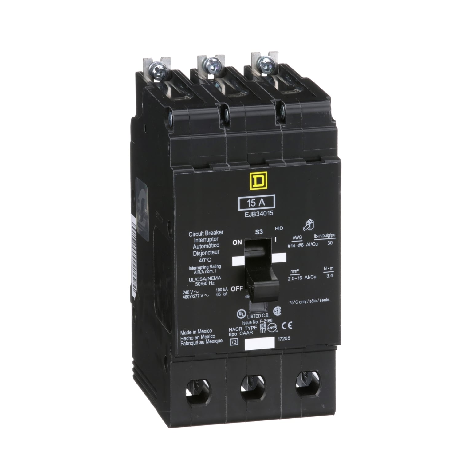 Mini circuit breaker, E-Frame, 15A, 3 pole, 480Y/277VAC, 100kA max, bolt on [TAA]