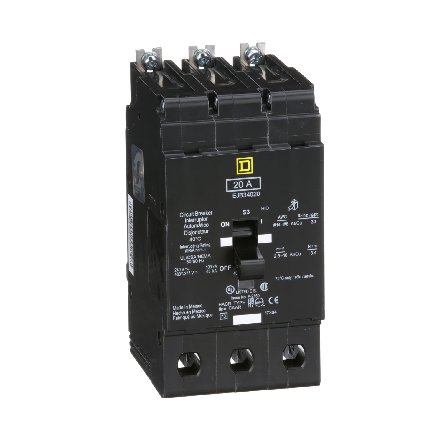 Mini circuit breaker, E-Frame, 20A, 3 pole, 480Y/277VAC, 100kA max, bolt on [TAA]