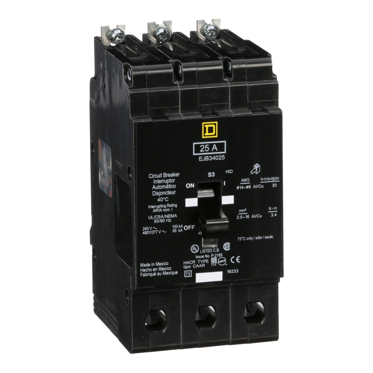 Mini circuit breaker, E-Frame, 25A, 3 pole, 480Y/277VAC, 100kA max, bolt on [TAA]