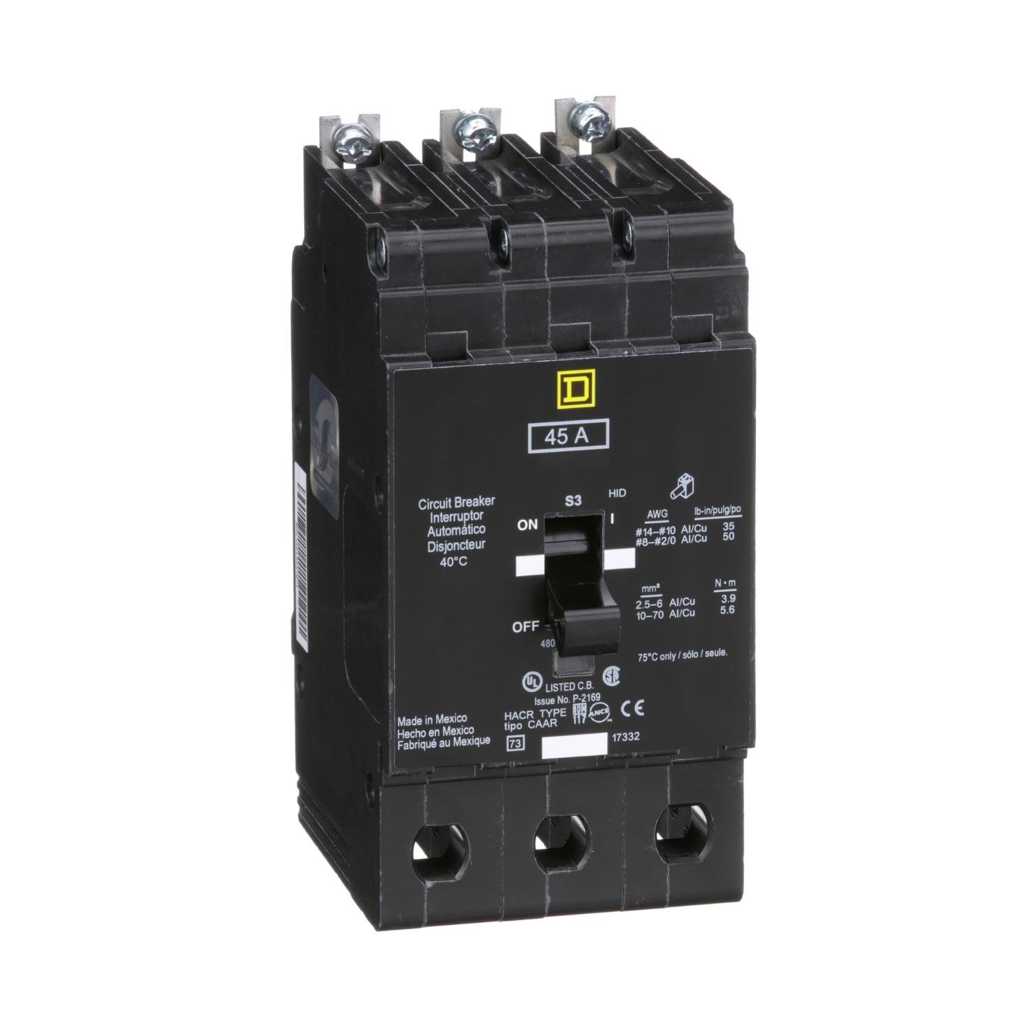 Mini circuit breaker, E-Frame, 45A, 3 pole, 480Y/277VAC, 100kA max, bolt on [TAA]