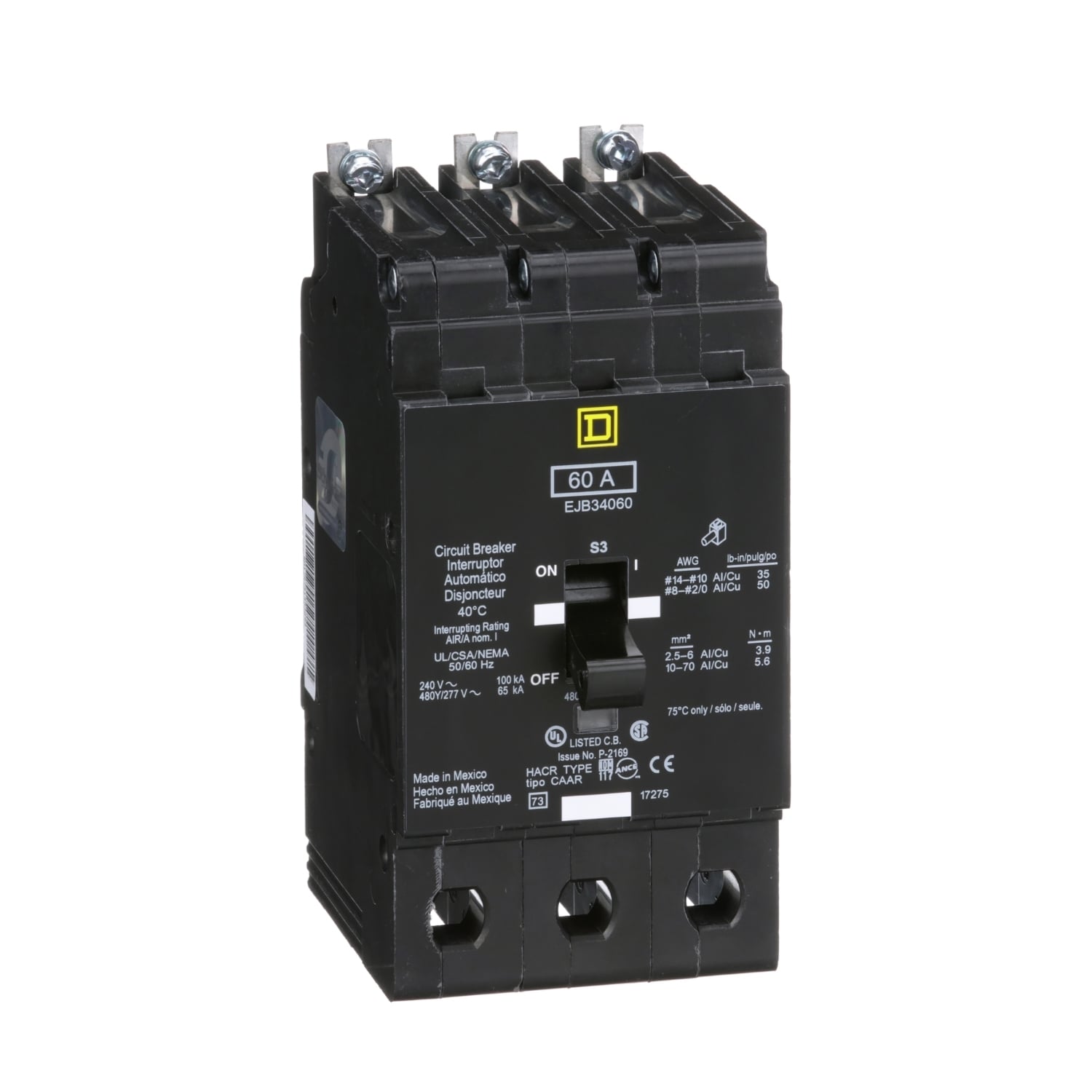 Mini circuit breaker, E-Frame, 60A, 3 pole, 480Y/277VAC, 100kA max, bolt on [TAA]