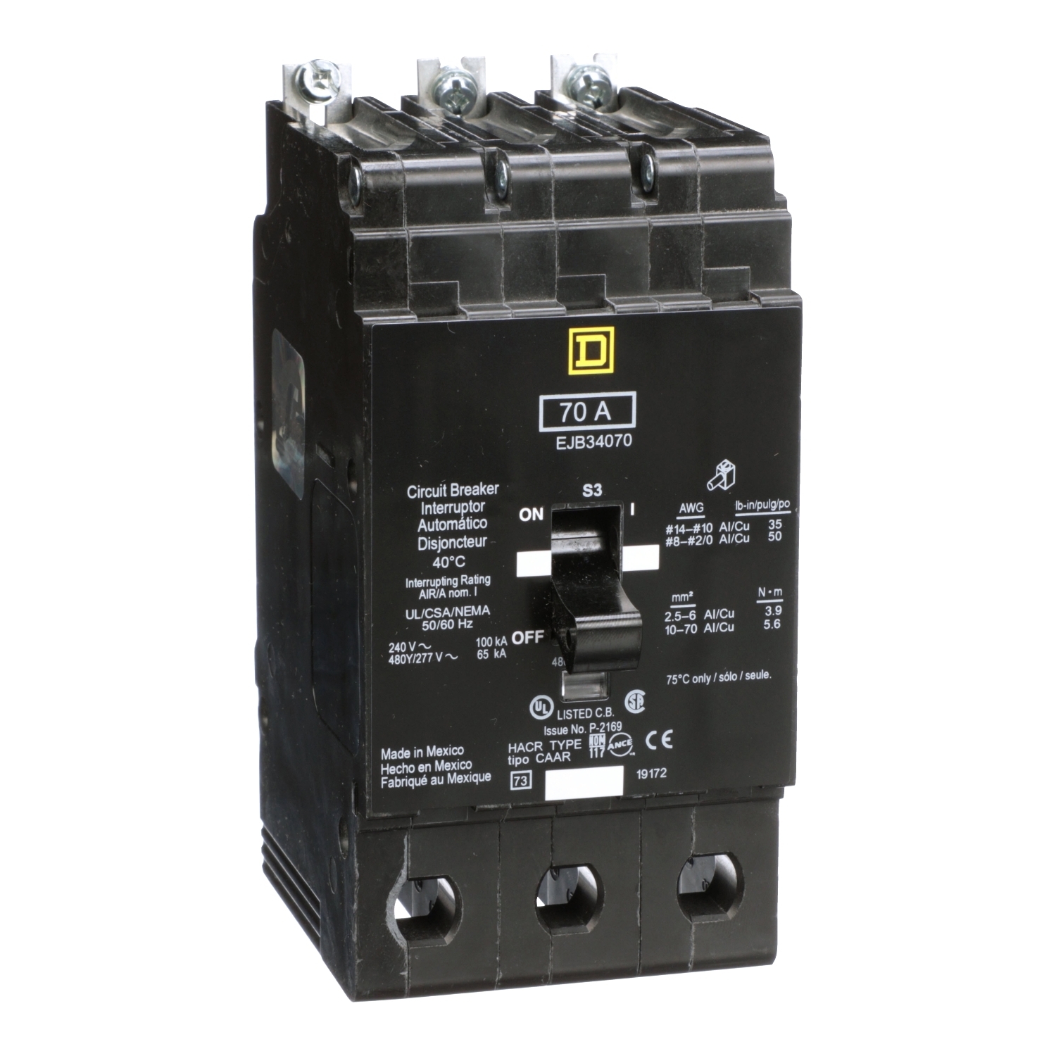 Mini circuit breaker, E-Frame, 70A, 3 pole, 480Y/277VAC, 100kA max, bolt on [TAA]