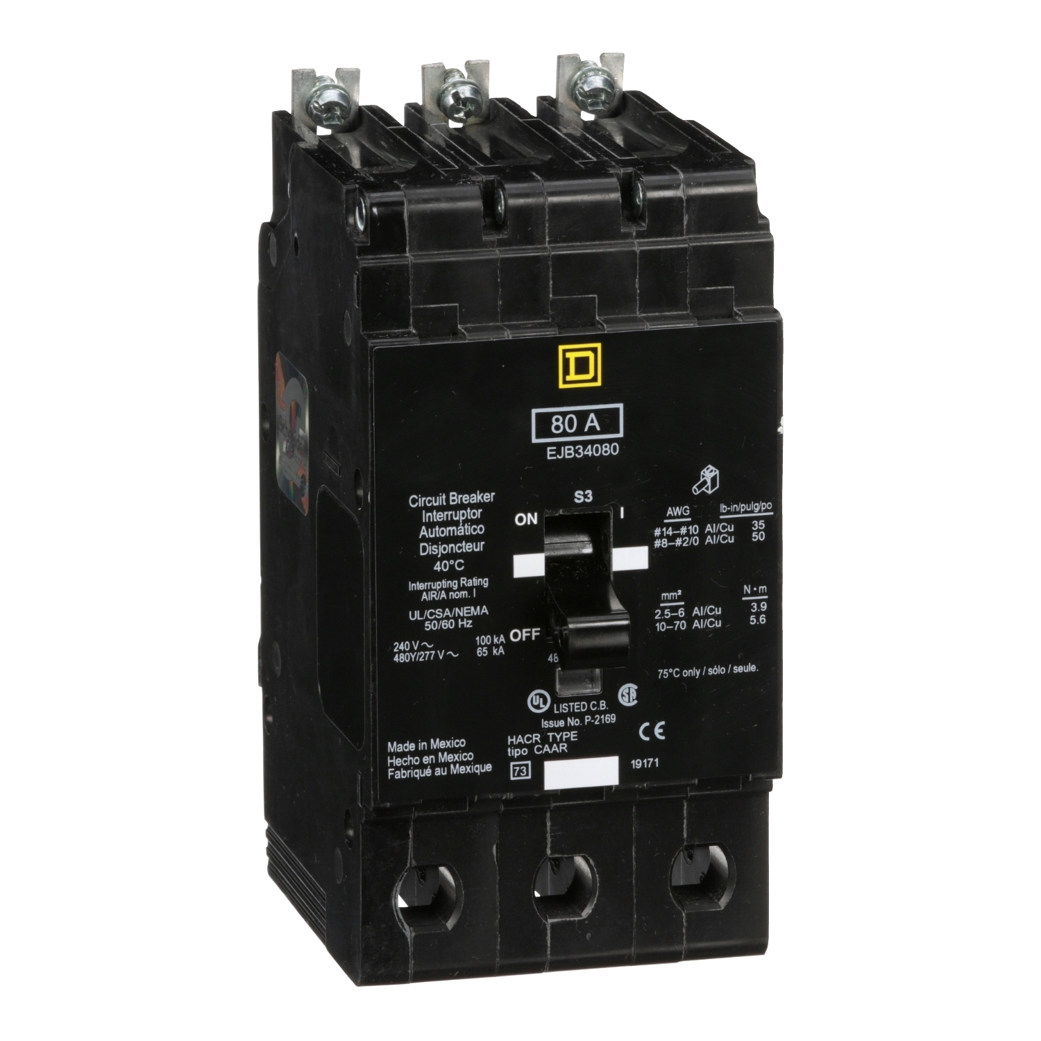 Mini circuit breaker, E-Frame, 80A, 3 pole, 480Y/277VAC, 100kA max, bolt on [TAA]