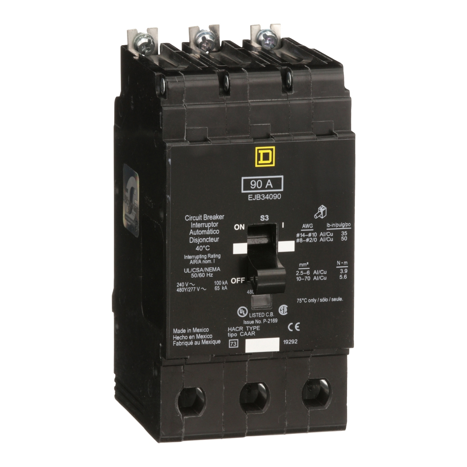 Mini circuit breaker, E-Frame, 90A, 3 pole, 480Y/277VAC, 100kA max, bolt on [TAA]