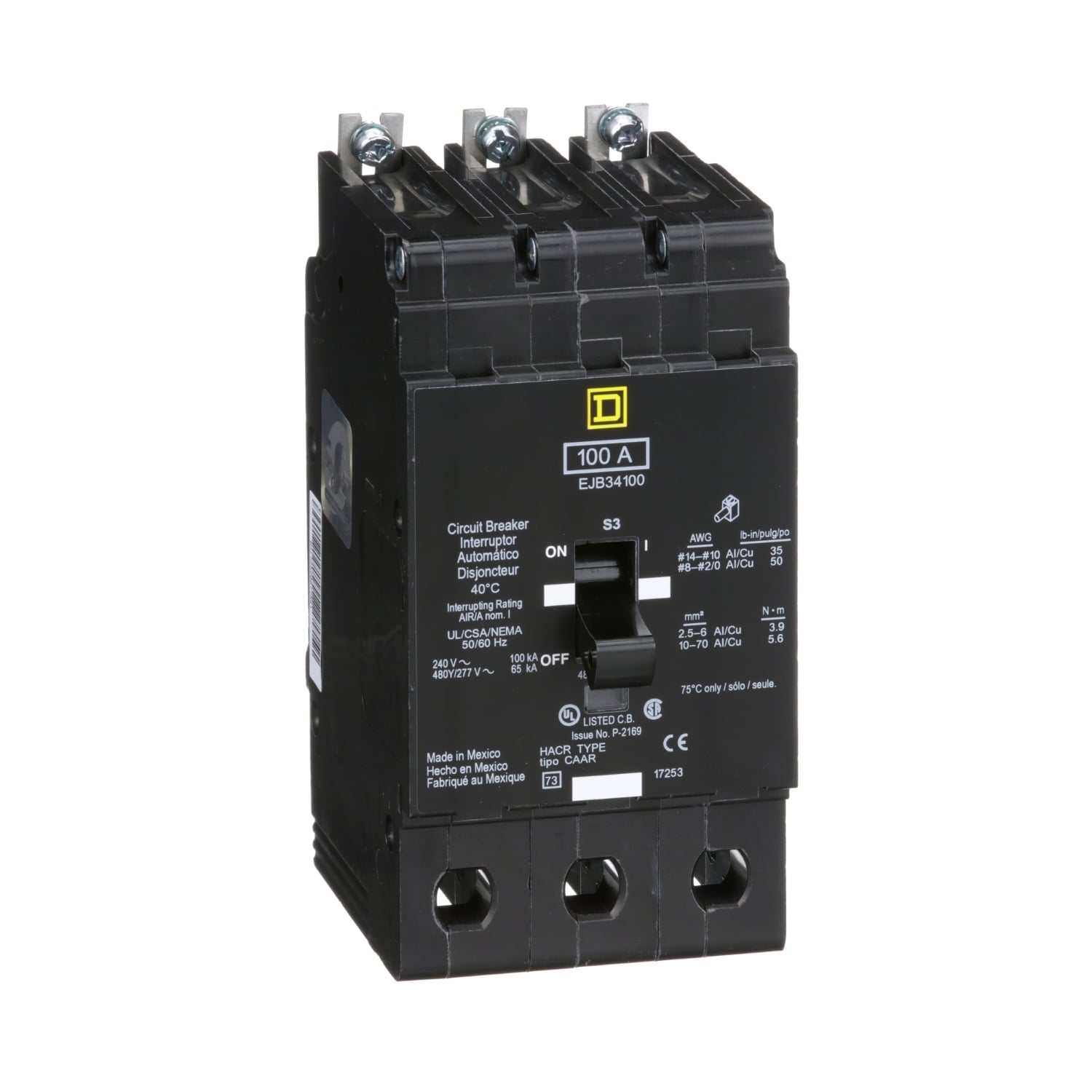 Mini circuit breaker, E-Frame, 100A, 3 pole, 480Y/277VAC, 100kA max, bolt on [TAA]