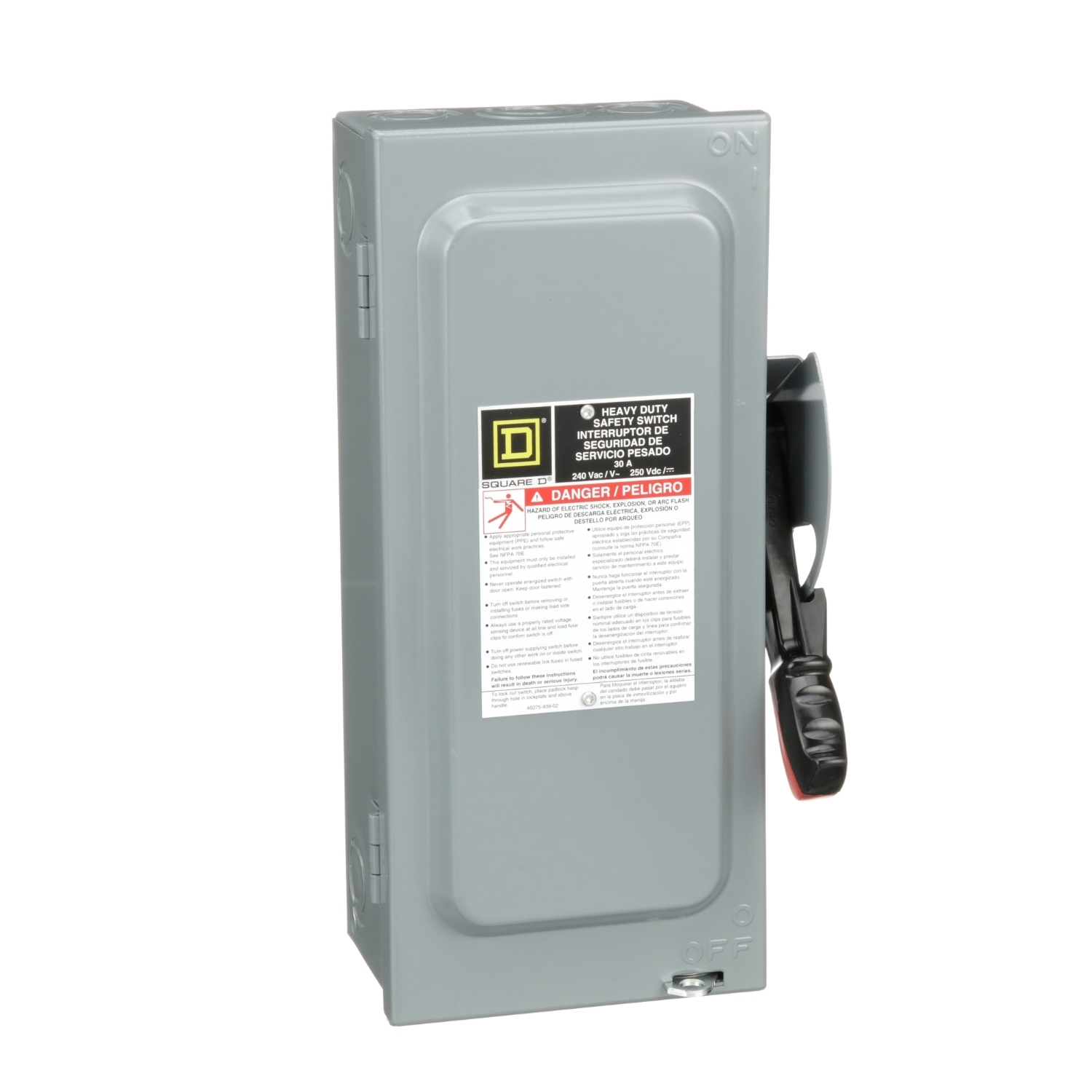 Safety switch, heavy duty, fusible, 30A, 3 wire, 2 pole, 1 neutral, 7.5hp, 240VAC/250VDC, NEMA 1