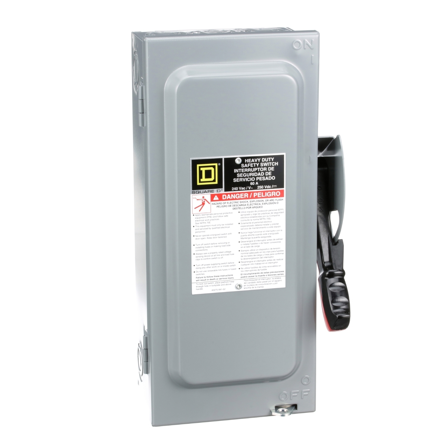 Safety switch, heavy duty, fusible, 60A, 2 pole, 15HP, 240VAC, 250VDC, neutral factory installed, NEMA1