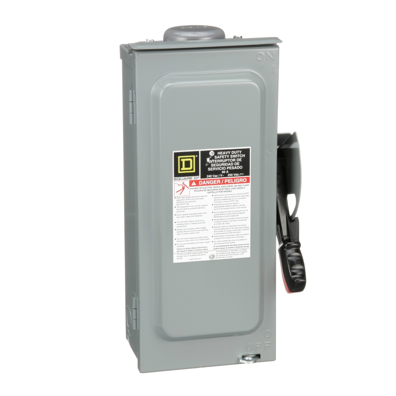 Safety switch, heavy duty, fusible, 60A, 3 wire, 2 pole, 1 neutral, 15hp, 240VAC/250VDC, NEMA 3R, bolt on hub provision