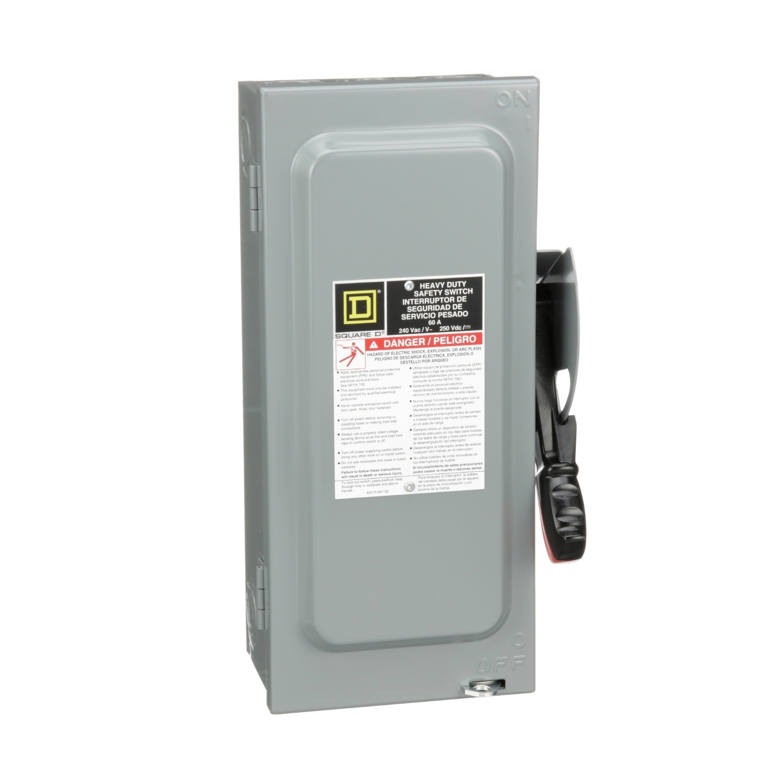 Safety switch, heavy duty, fusible, 60A, 4 wire, 3 pole, 1 neutral, 15hp, 240VAC/250VDC, NEMA 1