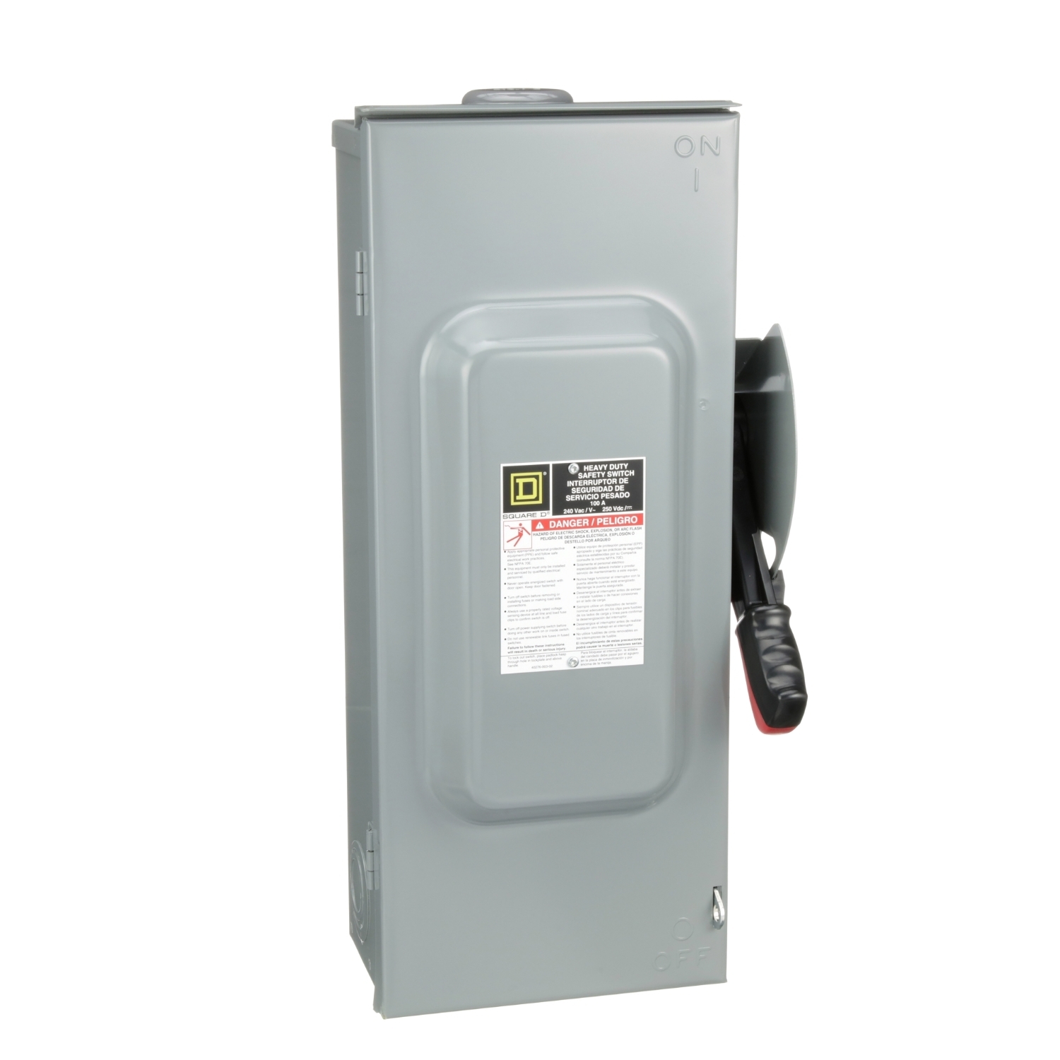 Safety switch, heavy duty, fusible, 100A, 4 wire, 3 pole, 1 neutral, 30hp, 240VAC/250VDC, 3R, bolt on hub provision
