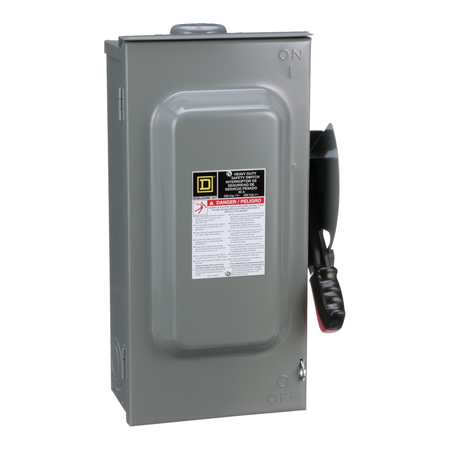 Safety switch, heavy duty, fusible, 30A, 3 pole, 20hp, 600VAC/DC, NEMA 3R, bolt-on hub, equipment ground lugs