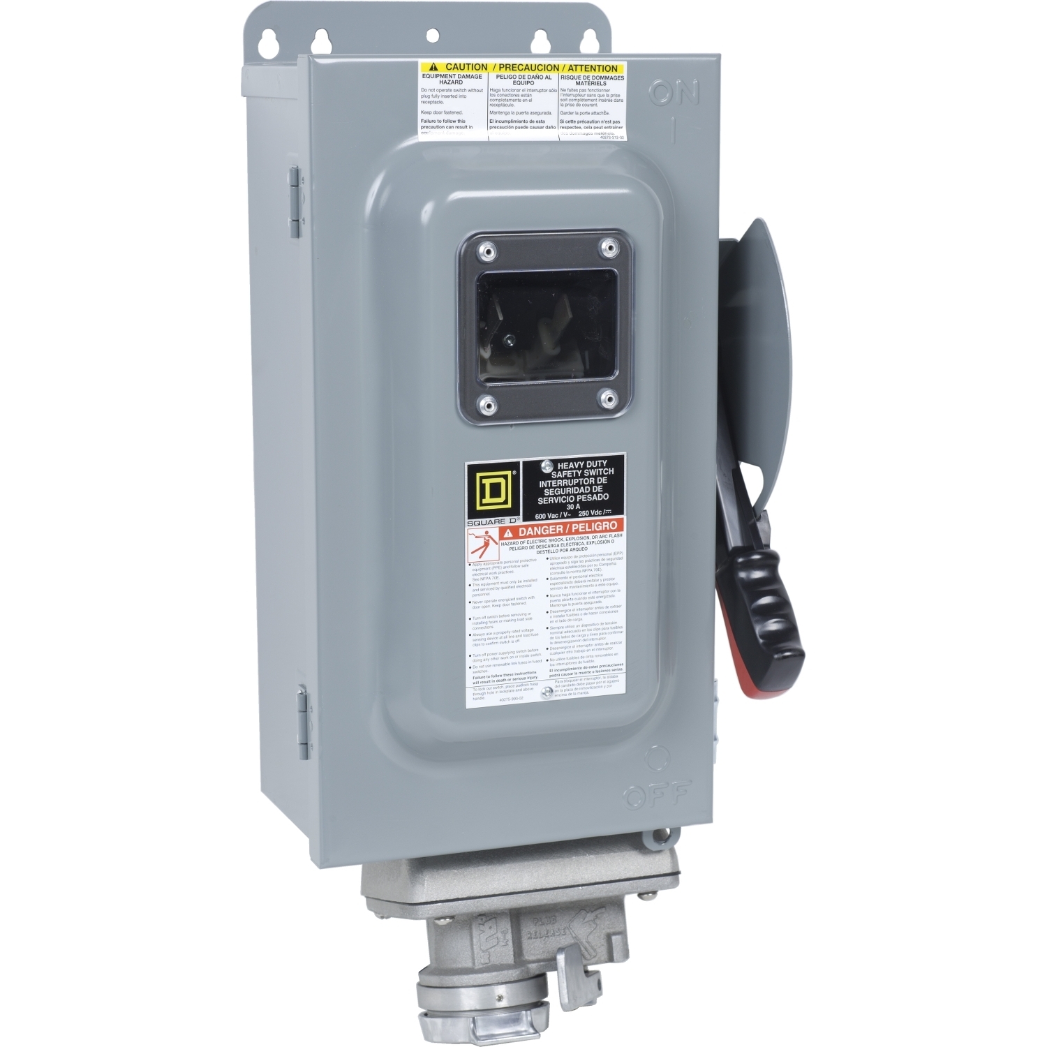 Safety switch, heavy duty, fusible, 30A, 600VAC, 600VDC, 3 poles, 20hp, NEMA 12K, Crouse-Hinds Arktite, viewing window