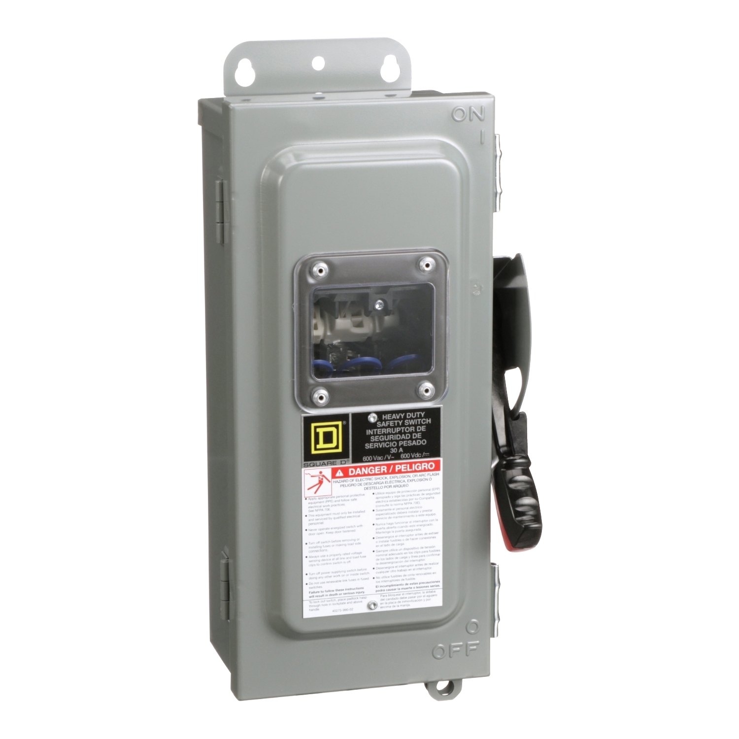 Safety switch, heavy duty, fusible, 30A, 3 pole, 20HP, 600V AC/DC, NEMA 12, viewing window