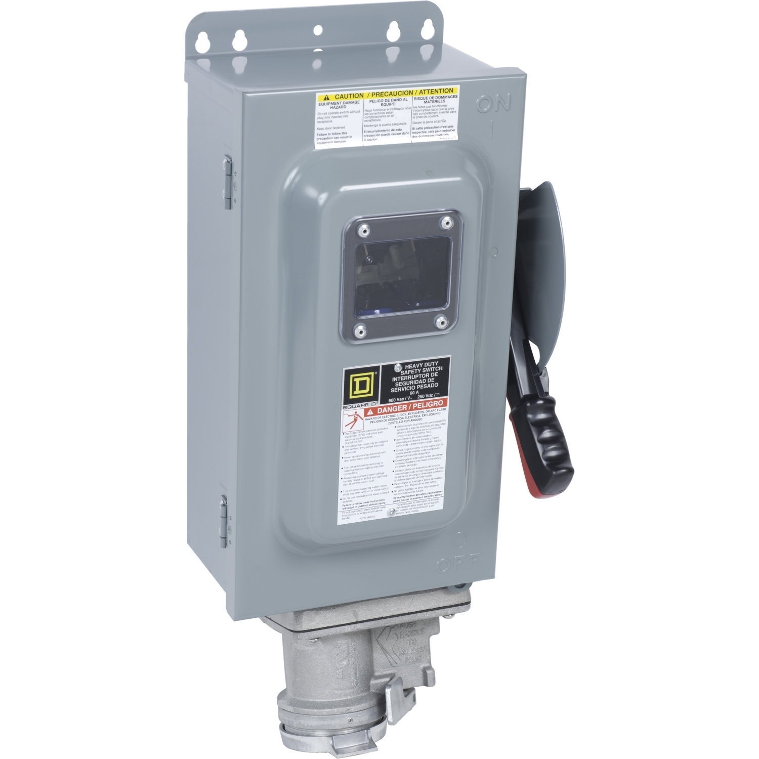 Safety switch, heavy duty, fusible, 60A, 600VAC/DC, 3 poles, 50HP, NEMA 12K, Crouse-Hinds Arktite, viewing window