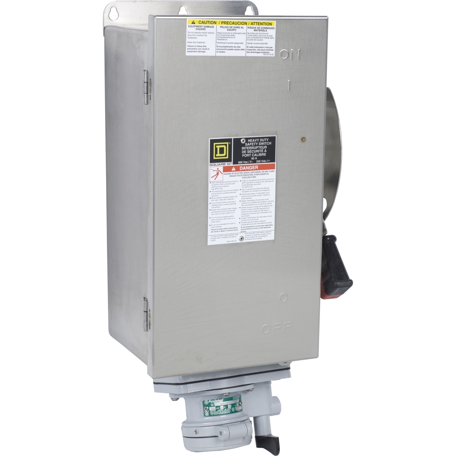 Safety switch, heavy duty, fusible, 60A, 600VAC, 600VDC, 3 poles, 50hp, NEMA 4, 4X, 5, 304 steel, Appleton receptacle