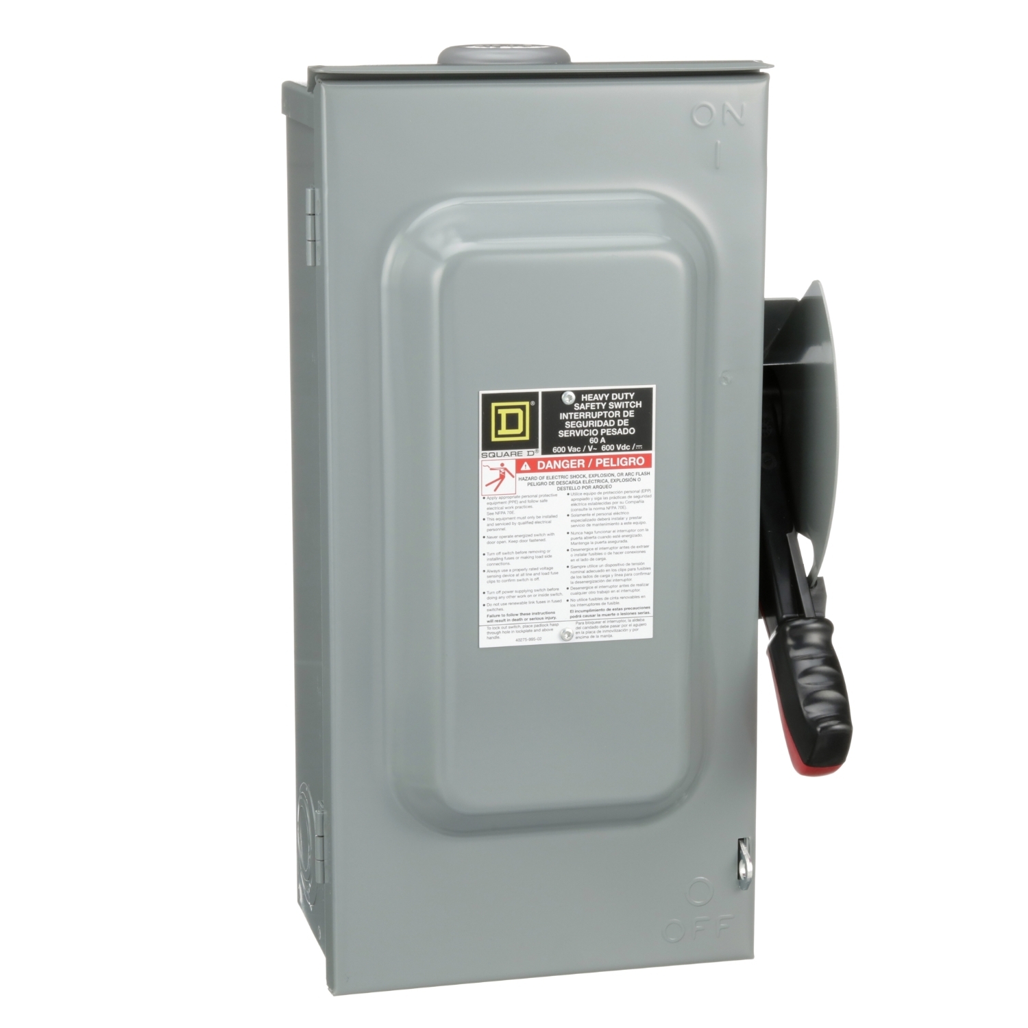 Safety switch, heavy duty, fusible, 60A, 4 wire, 3 pole, 1 neutral, 50hp, 600VAC/DC, NEMA 3R, bolt on hub provision