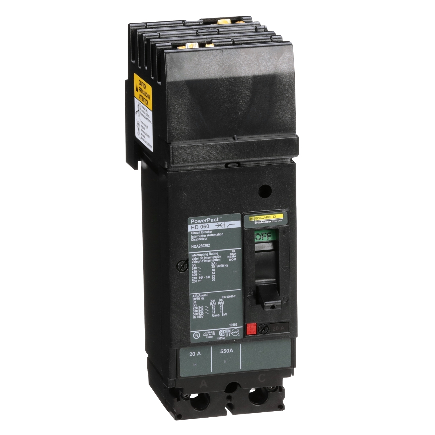 Circuit breaker, PowerPacT H, 20A, 2 pole, 600VAC, 14kA, I-Line, thermal magnetic, 80%, AC