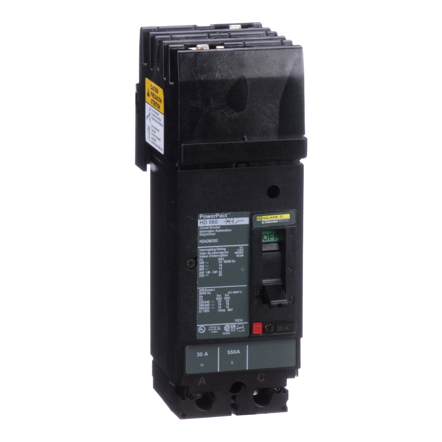 Circuit breaker, PowerPacT H, 30A, 2 pole, 600VAC, 14kA, I-Line, thermal magnetic, 80%, AC