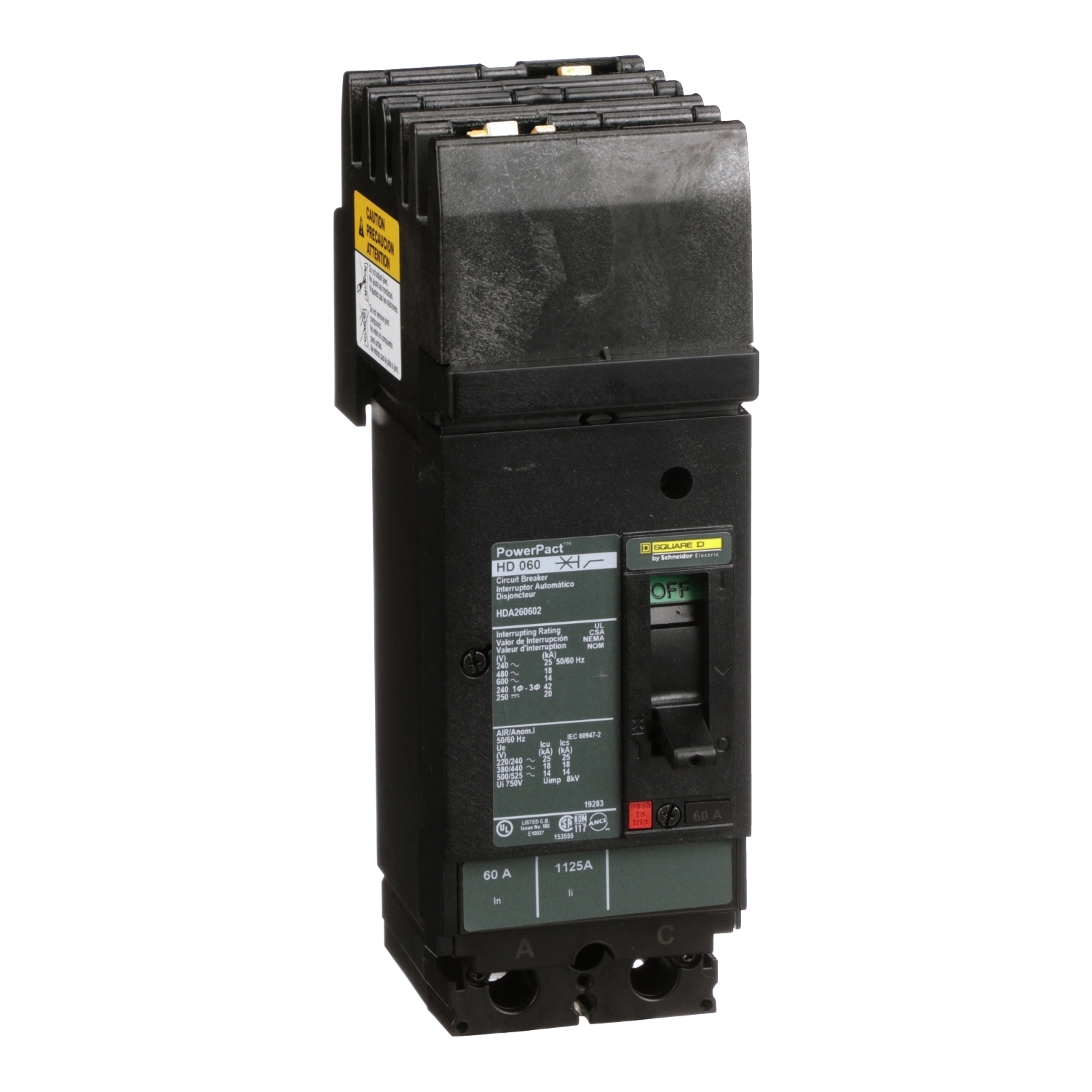 Circuit breaker, PowerPacT H, 60A, 2 pole, 600VAC, 14kA, I-Line, thermal magnetic, 80%, AC