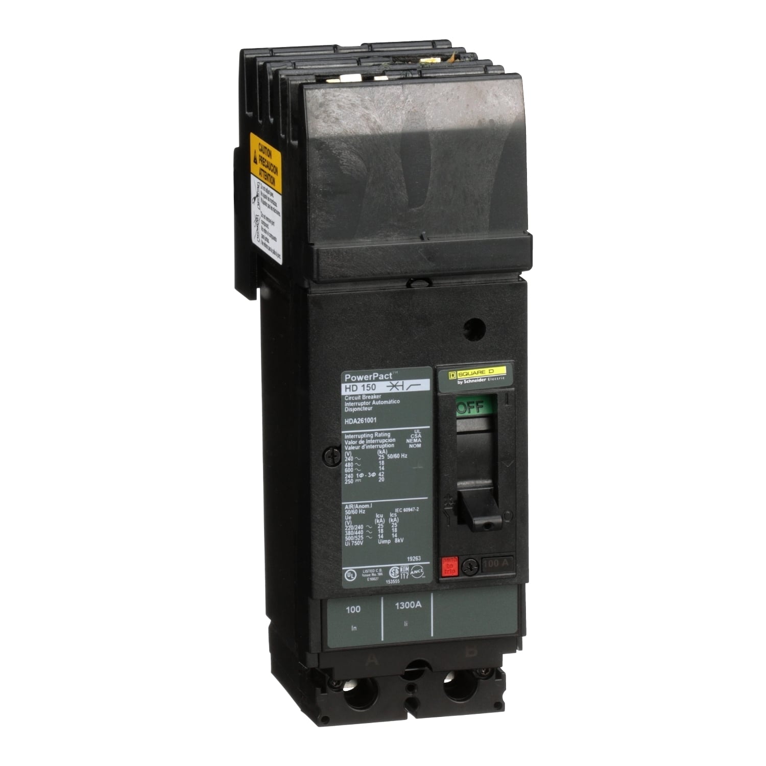 Circuit breaker, PowerPacT H, 100A, 2 pole, 600VAC, 14kA, I-Line, thermal magnetic, 80%, AB