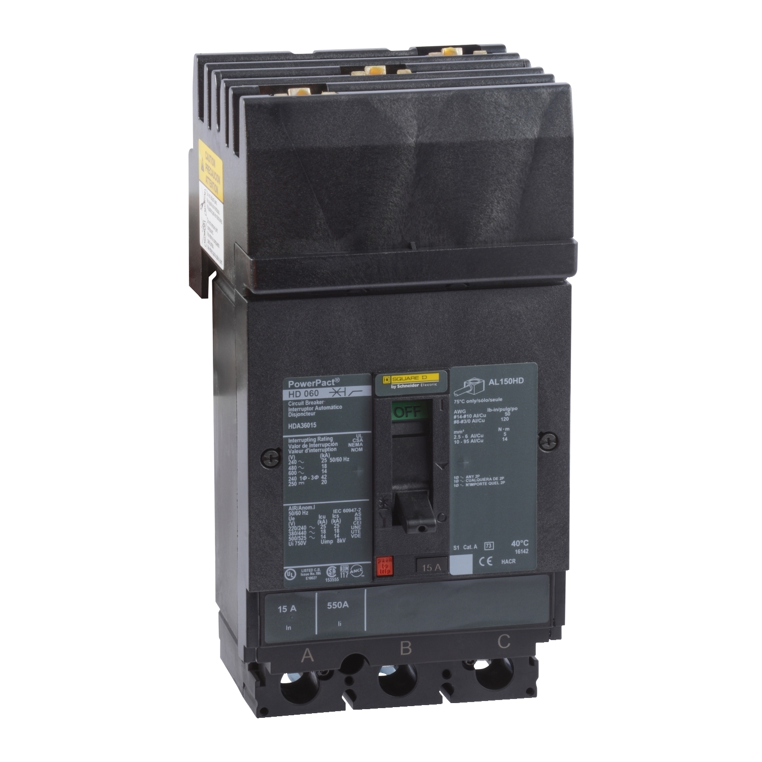 Circuit breaker, PowerPacT H, 15A, 3 pole, 600VAC, 14kA, I-Line, thermal magnetic, 80%, ABC
