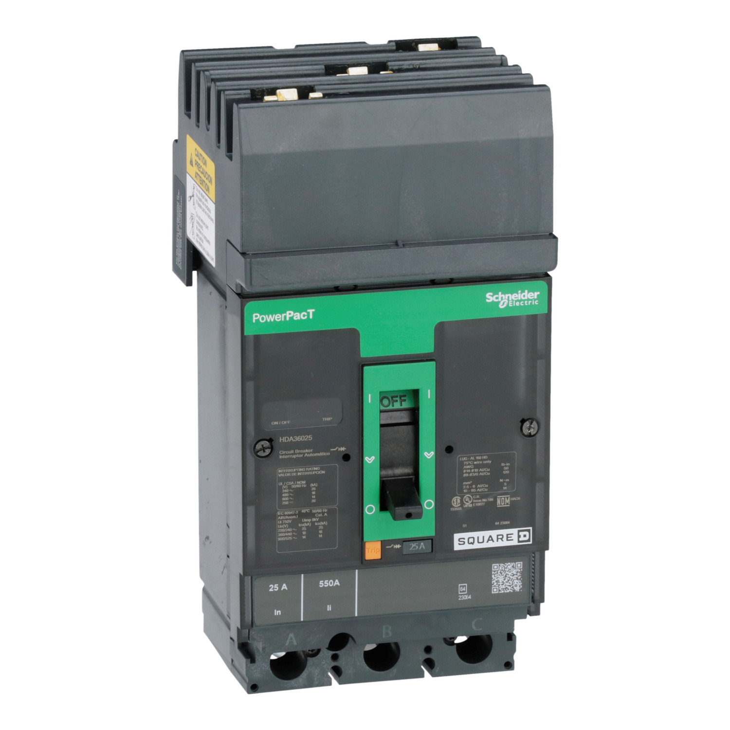 Circuit breaker, PowerPacT H, 25A, 3 pole, 600VAC, 14kA, I-Line, thermal magnetic, 80%, ABC