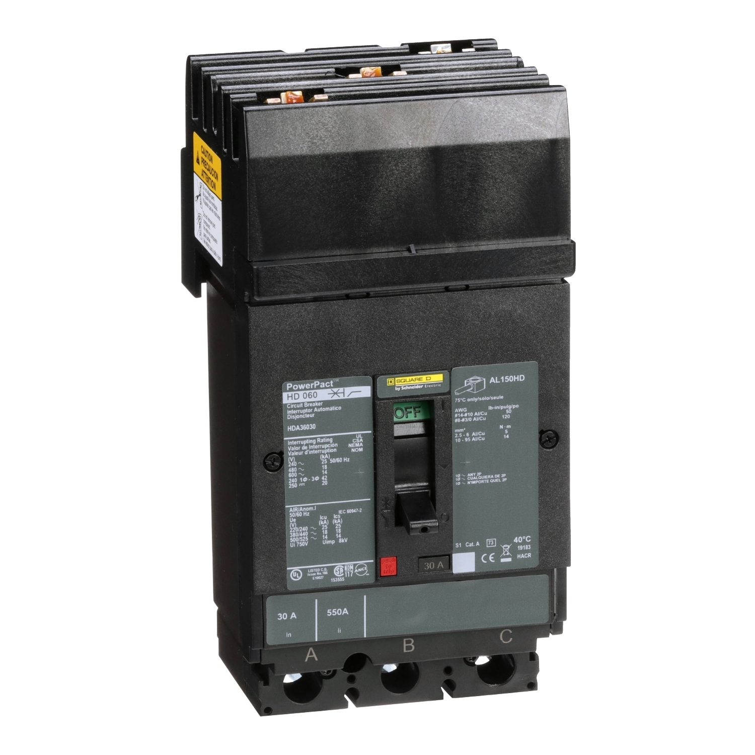 Circuit breaker, PowerPacT H, 30A, 3 pole, 600VAC, 14kA, I-Line, thermal magnetic, 80%, ABC