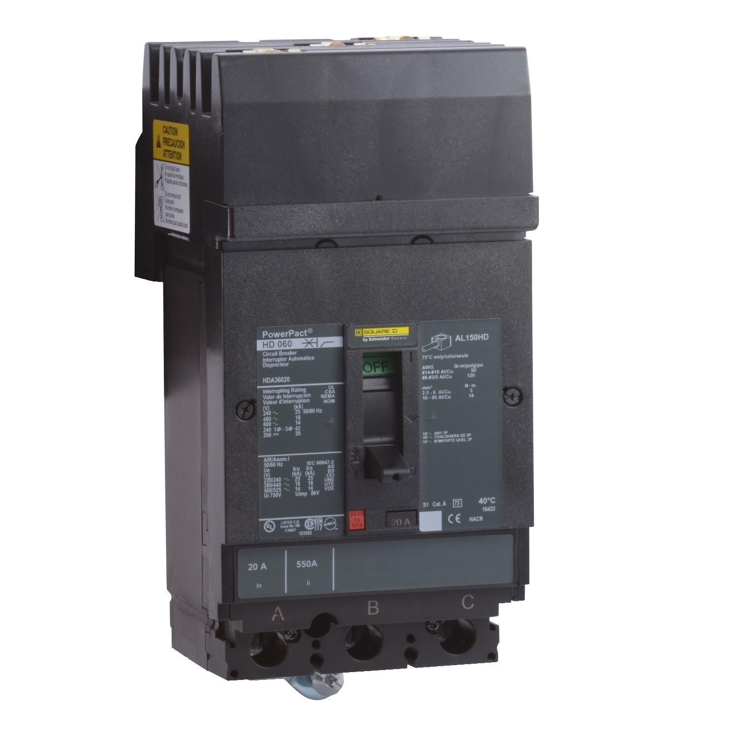 Circuit breaker, PowerPacT H, 35A, 3 pole, 600VAC, 14kA, I-Line, thermal magnetic, 80%, ABC