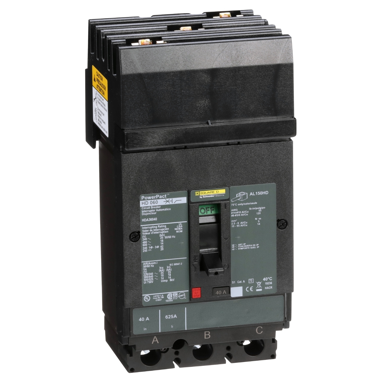 Circuit breaker, PowerPacT H, 40A, 3 pole, 600VAC, 14kA, I-Line, thermal magnetic, 80%, ABC